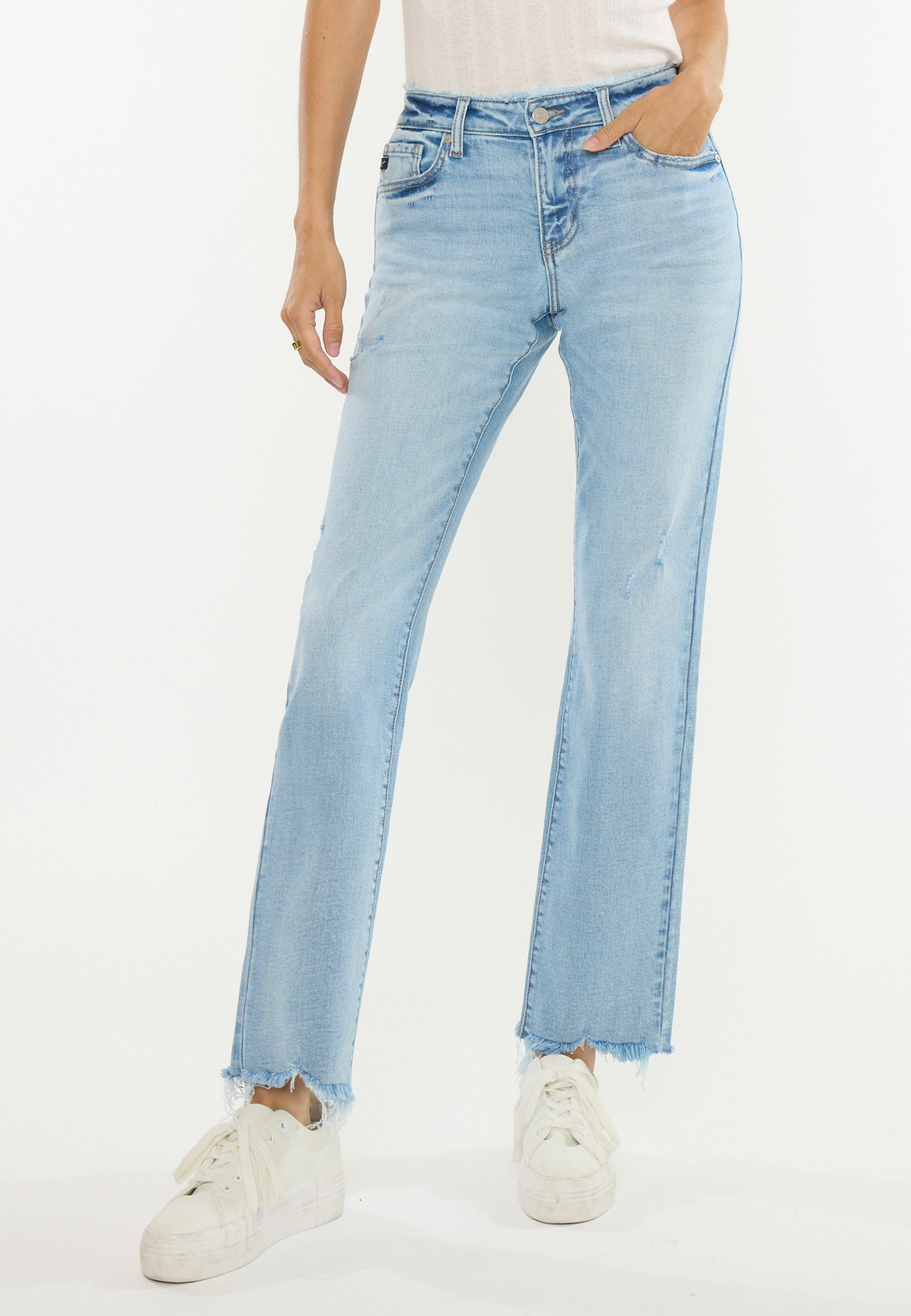KanCan&trade; Mid Rise Fray Waist Ripped Hem Straight Jean