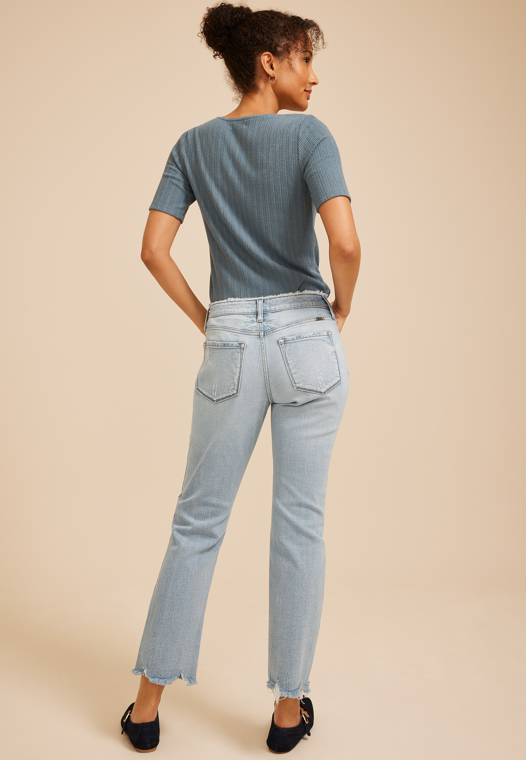 KanCan&trade; Mid Rise Fray Waist Ripped Hem Straight Jean, C2806, large