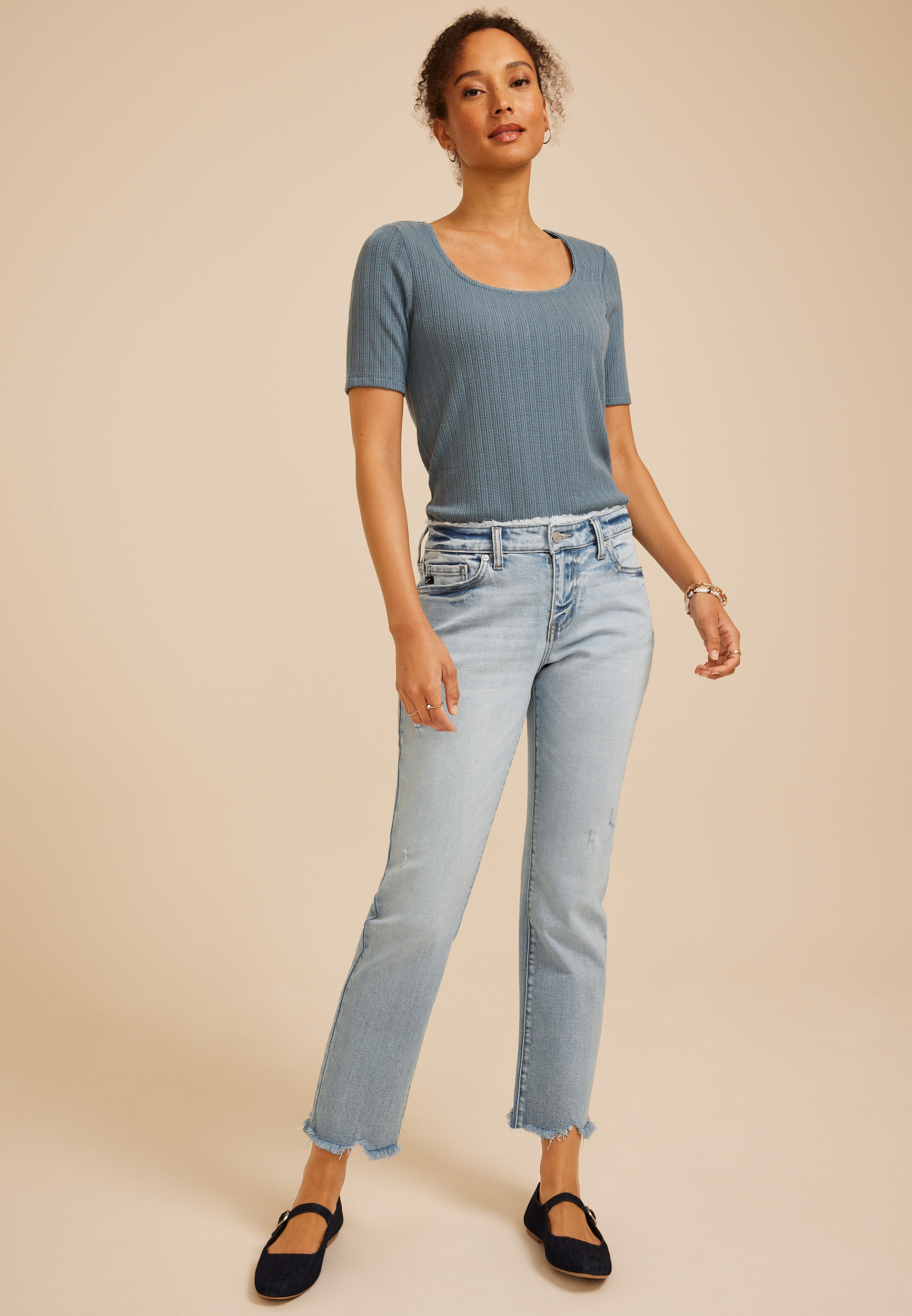 KanCan&trade; Mid Rise Fray Waist Ripped Hem Straight Jean, C2806, large