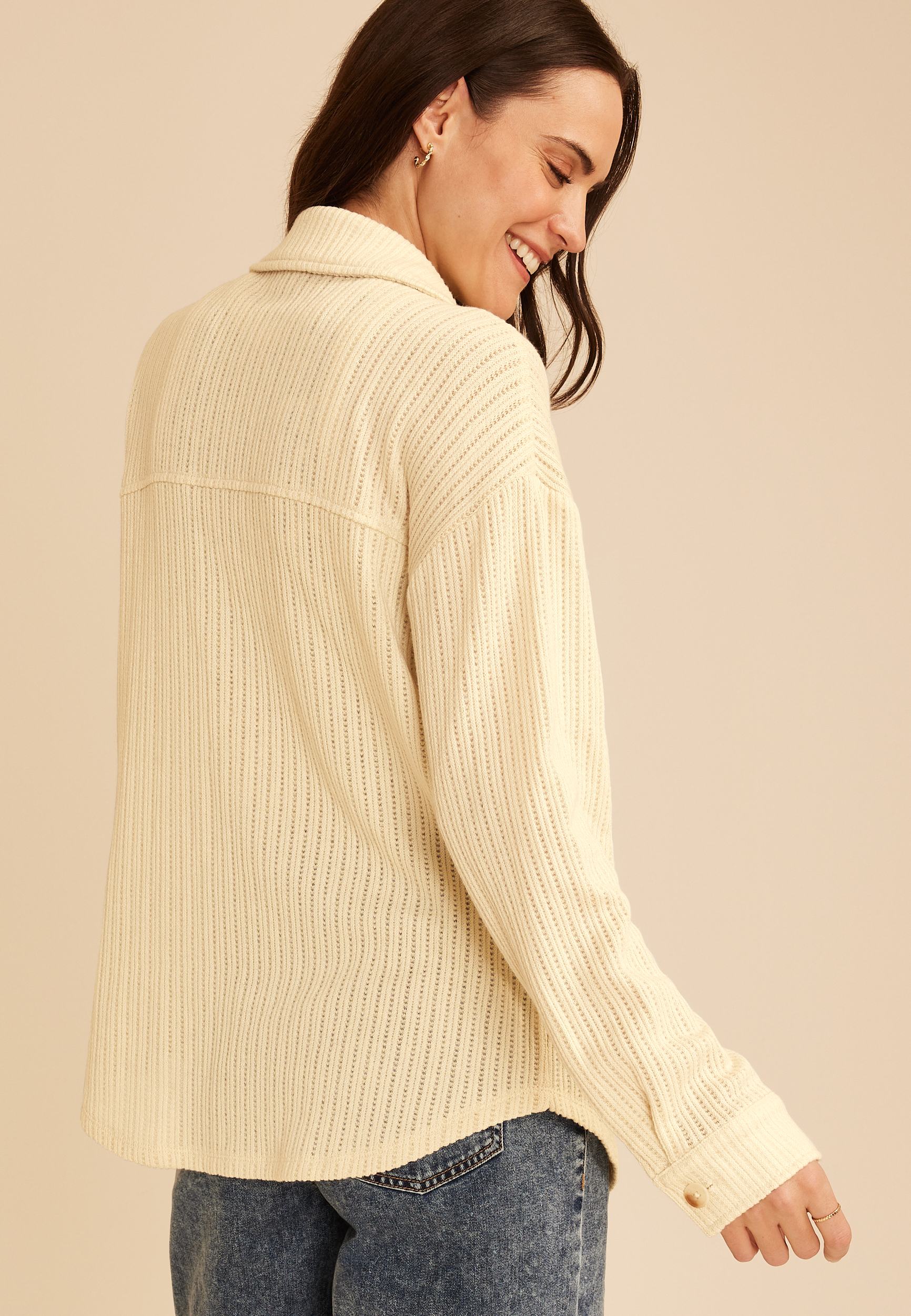 Open Knit Button Front Shacket, C183, large
