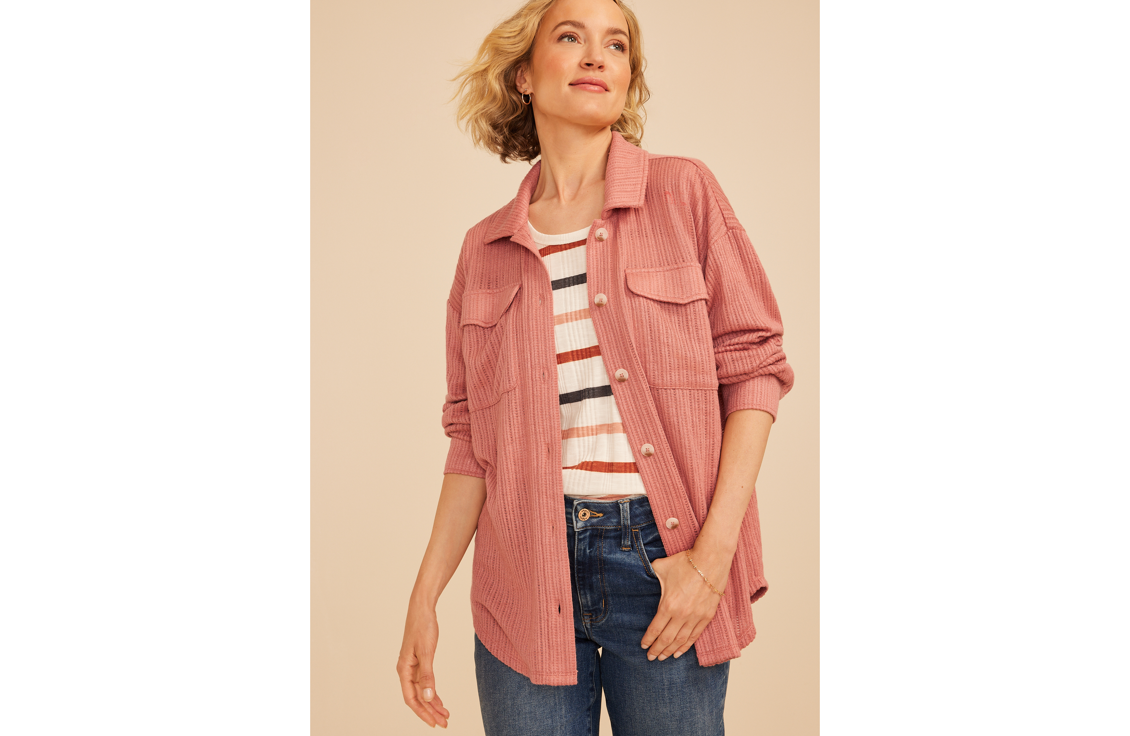 Open Knit Button Front Shacket