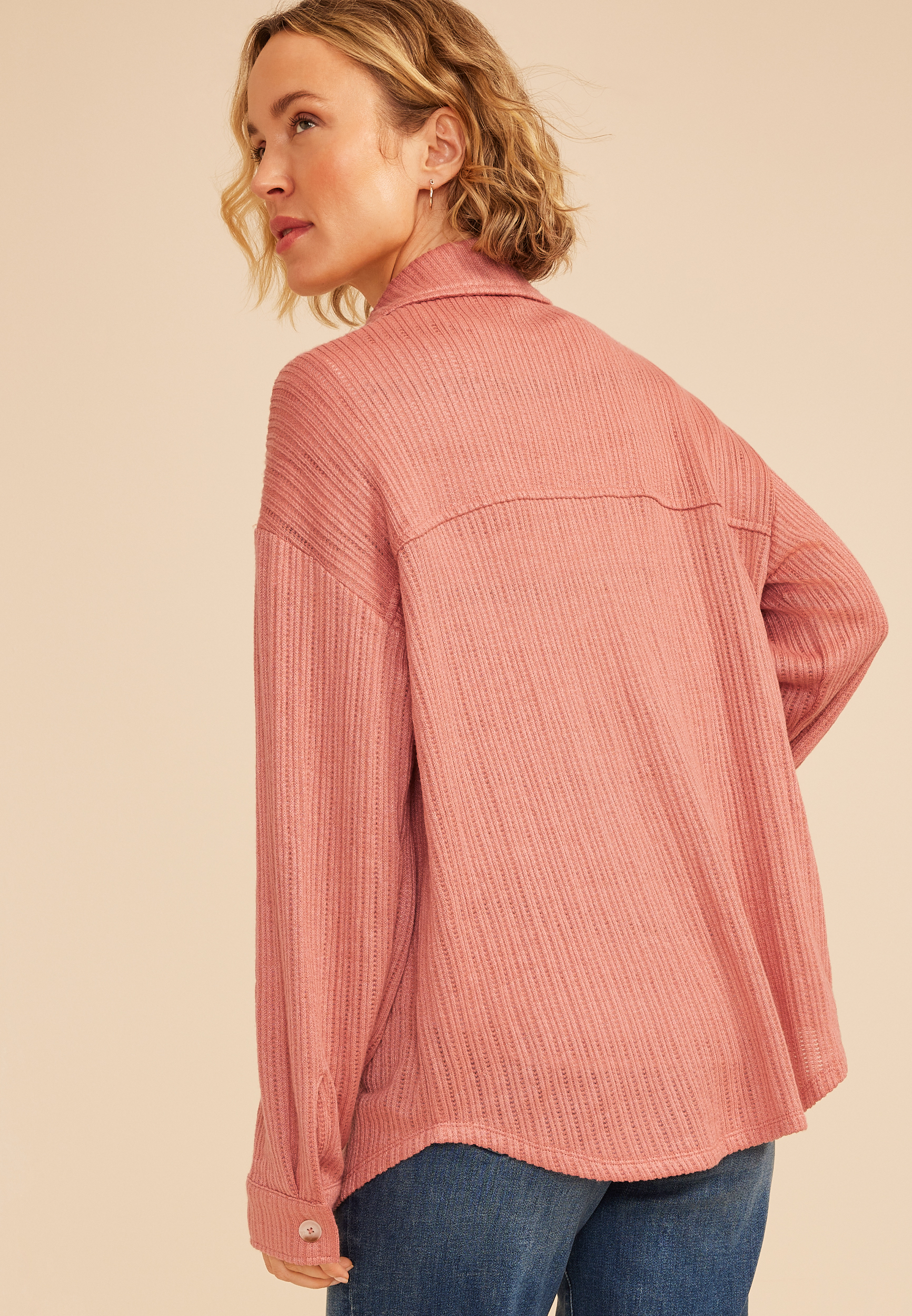 Open Stitch Knit Button Front Shacket - thumbnail 5