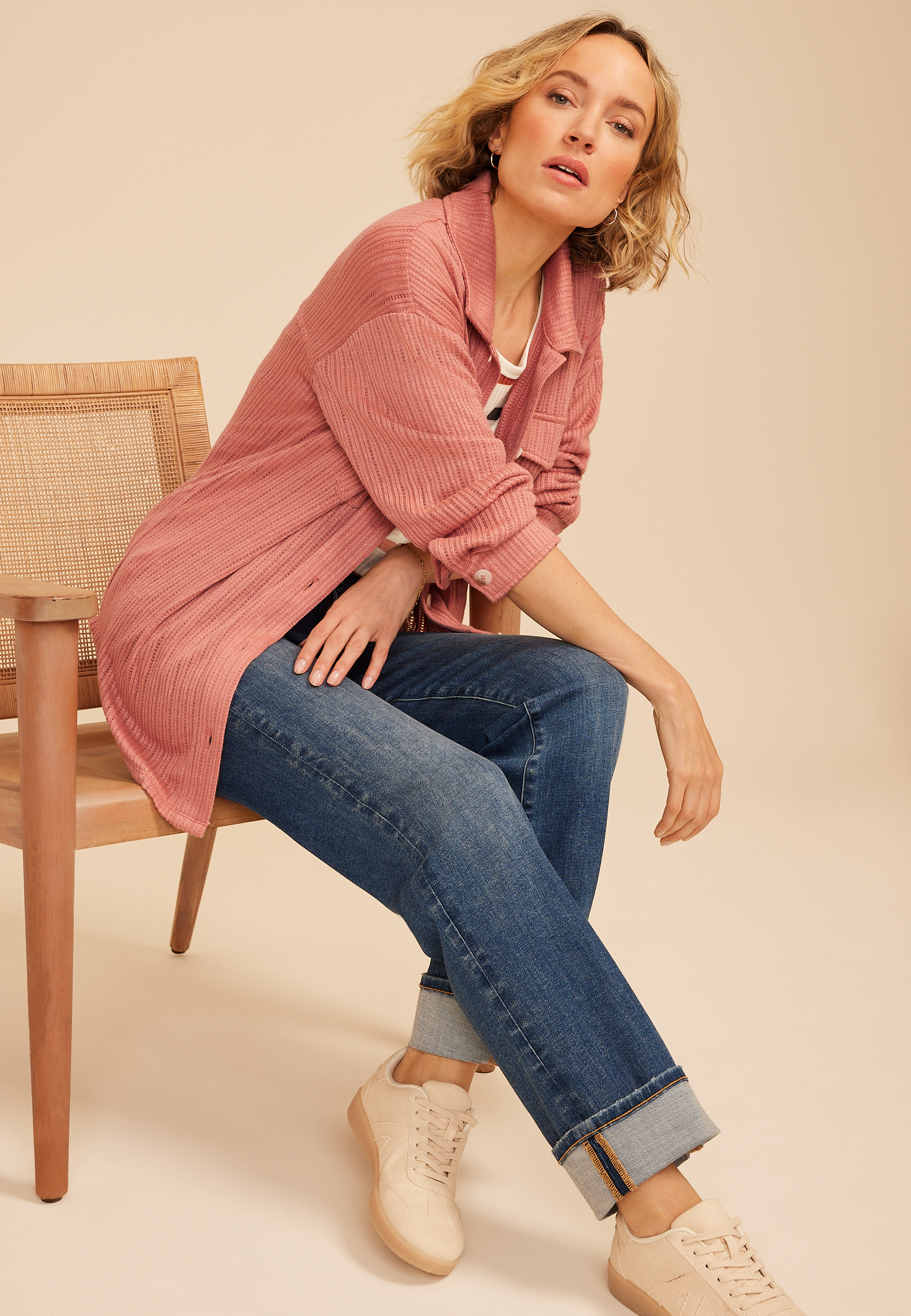 Open Stitch Knit Button Front Shacket - thumbnail 6