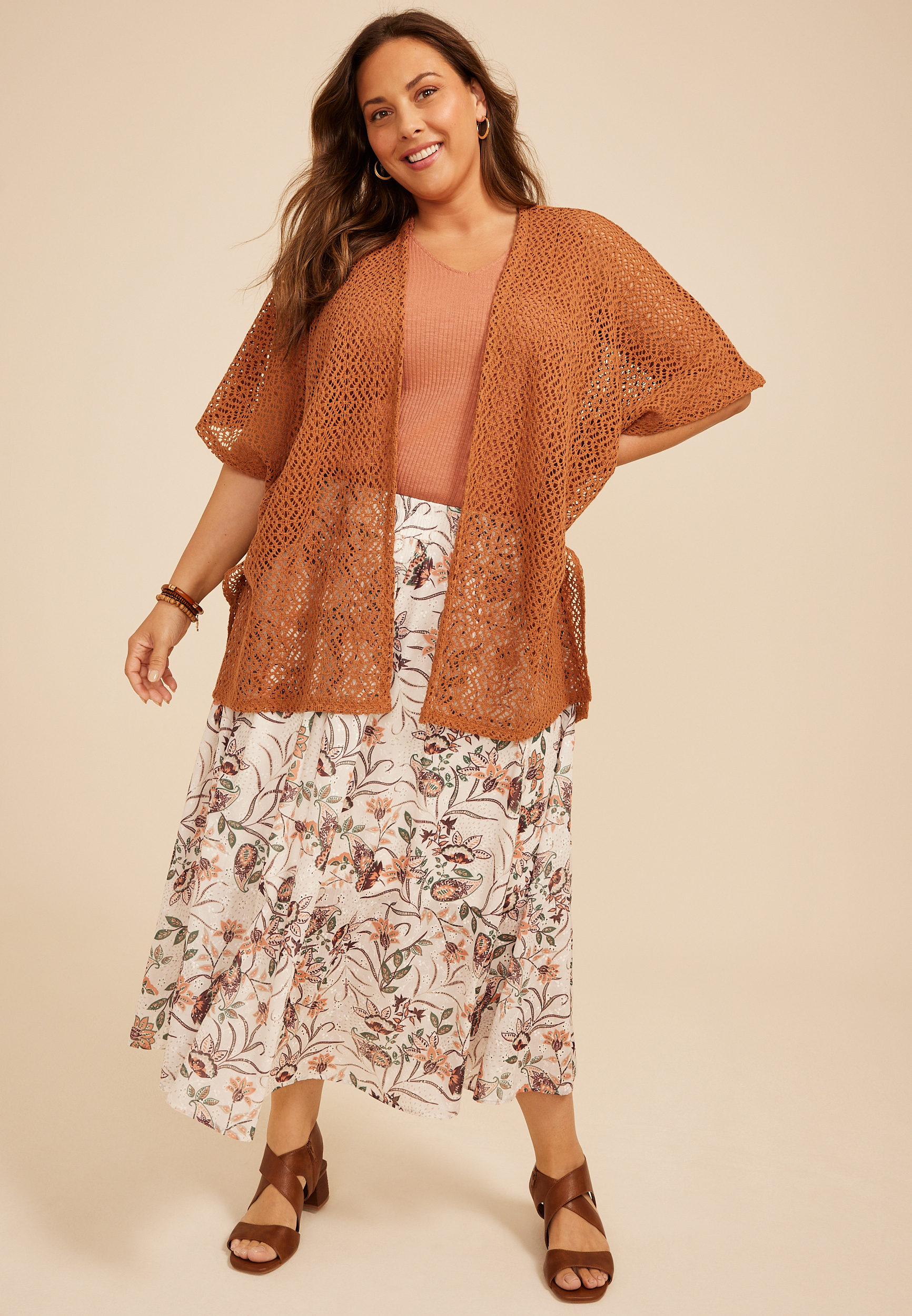 tomoshiki スクエアギャザーネック ロングスリーブ Crochet Open Front Kimono | maurices