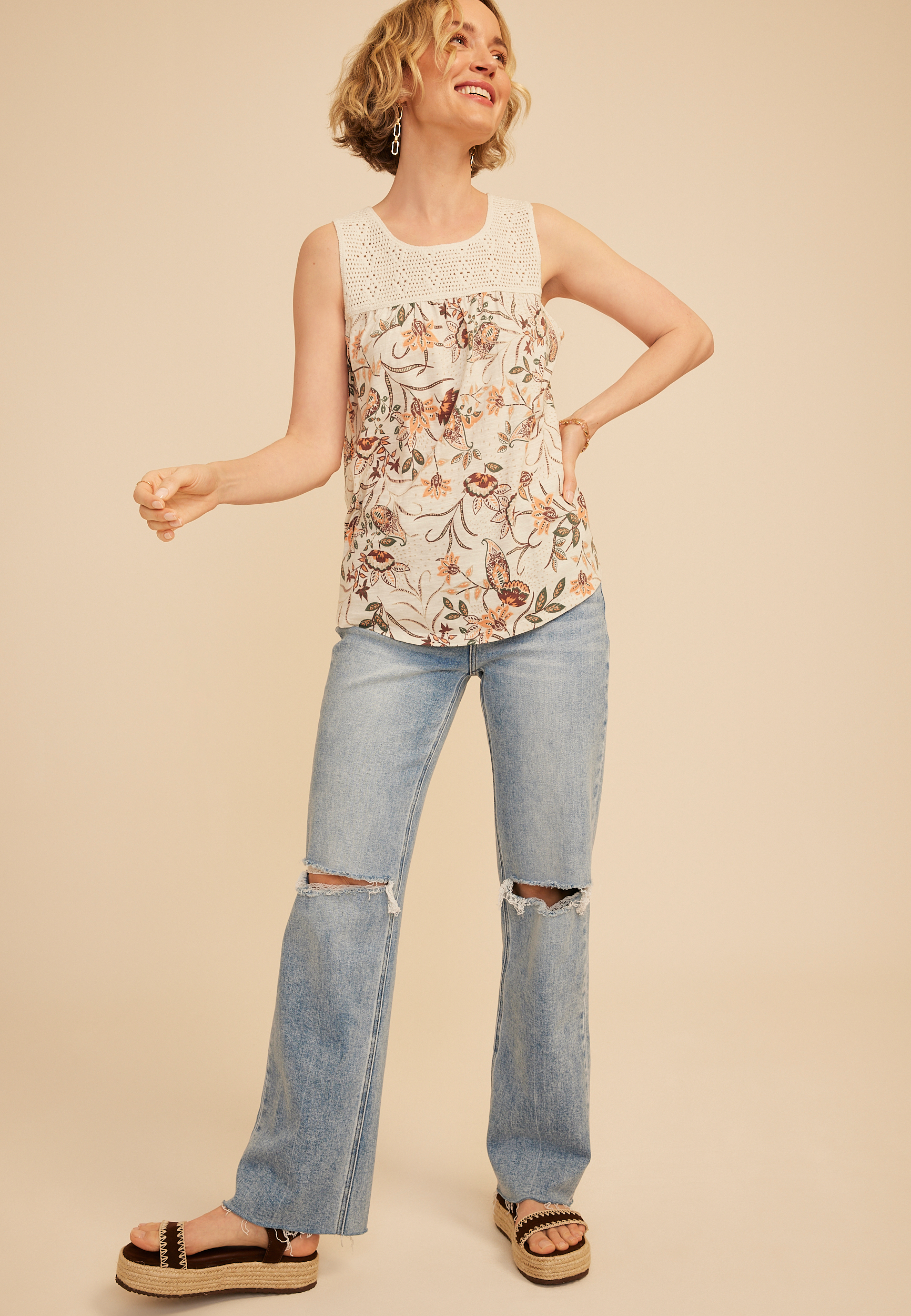 Floral Crochet Yoke Tank Top