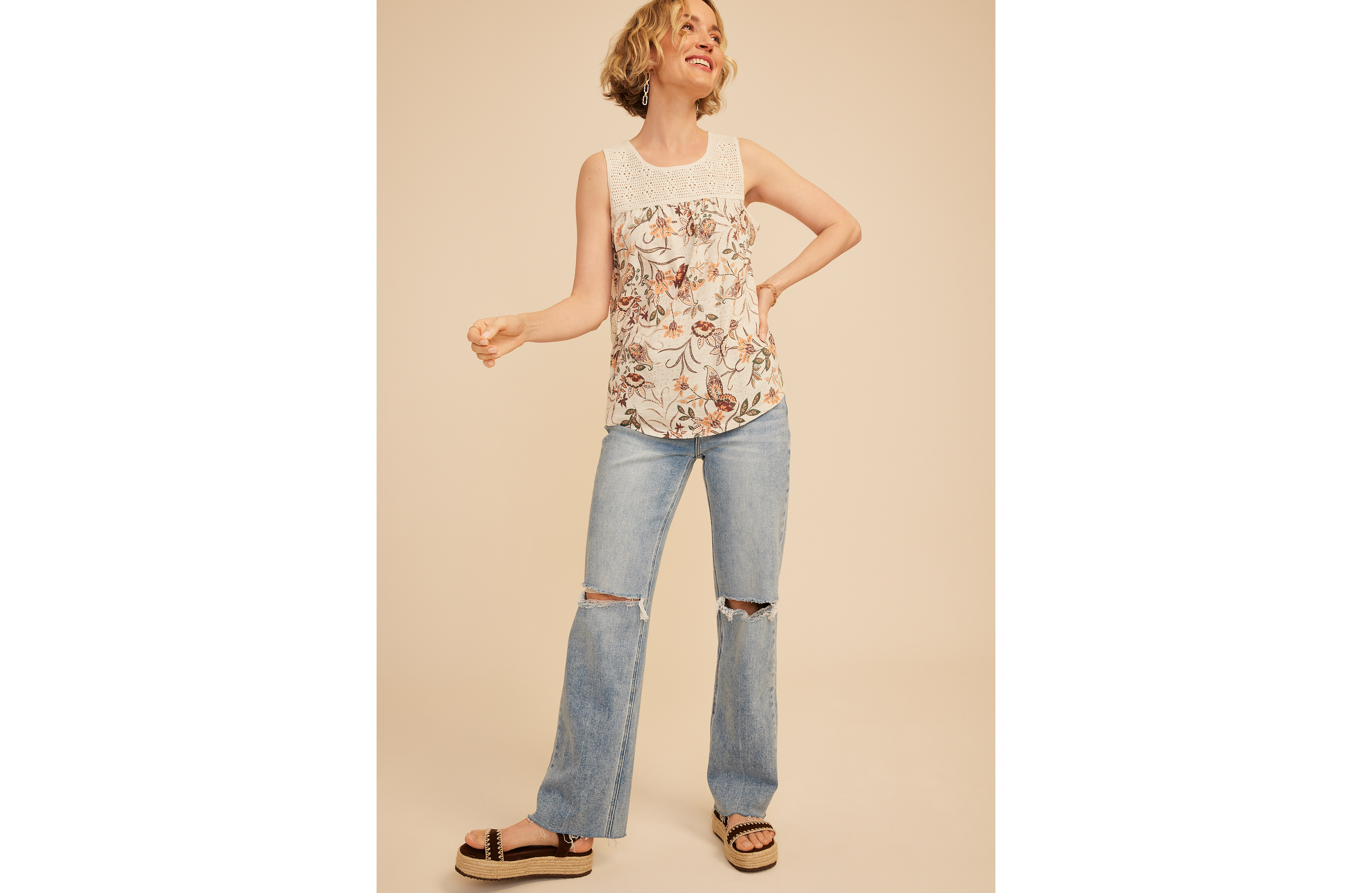 Floral Crochet Yoke Tank Top