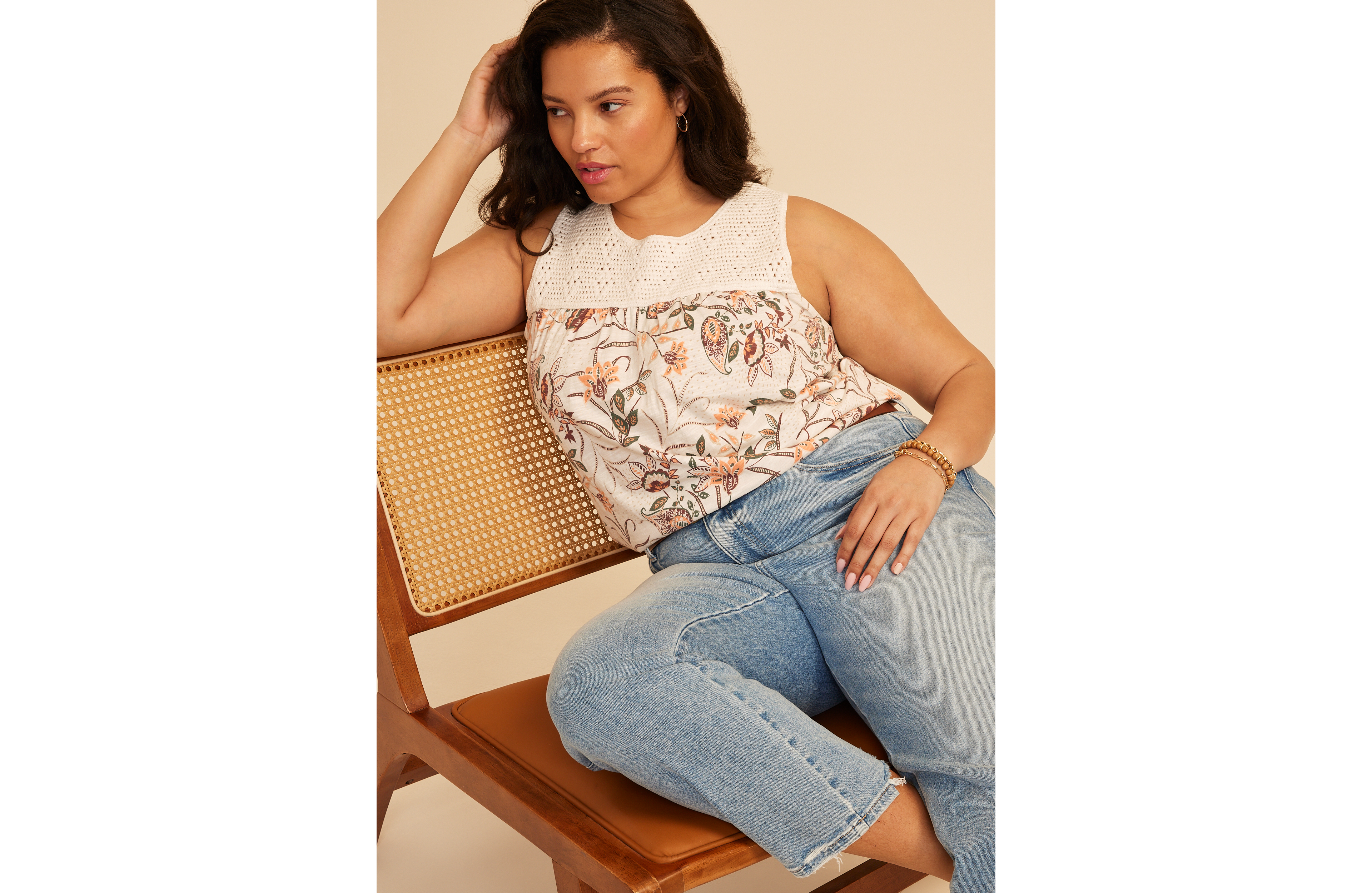 Plus Floral Crochet Yoke Tank Top