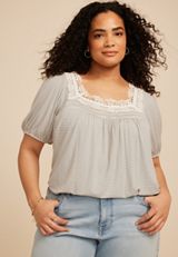 Plus Size Lace Trim Square Neck Short Sleeve Top, C5487, small