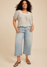 Plus Size Lace Trim Square Neck Short Sleeve Top, C5487, small