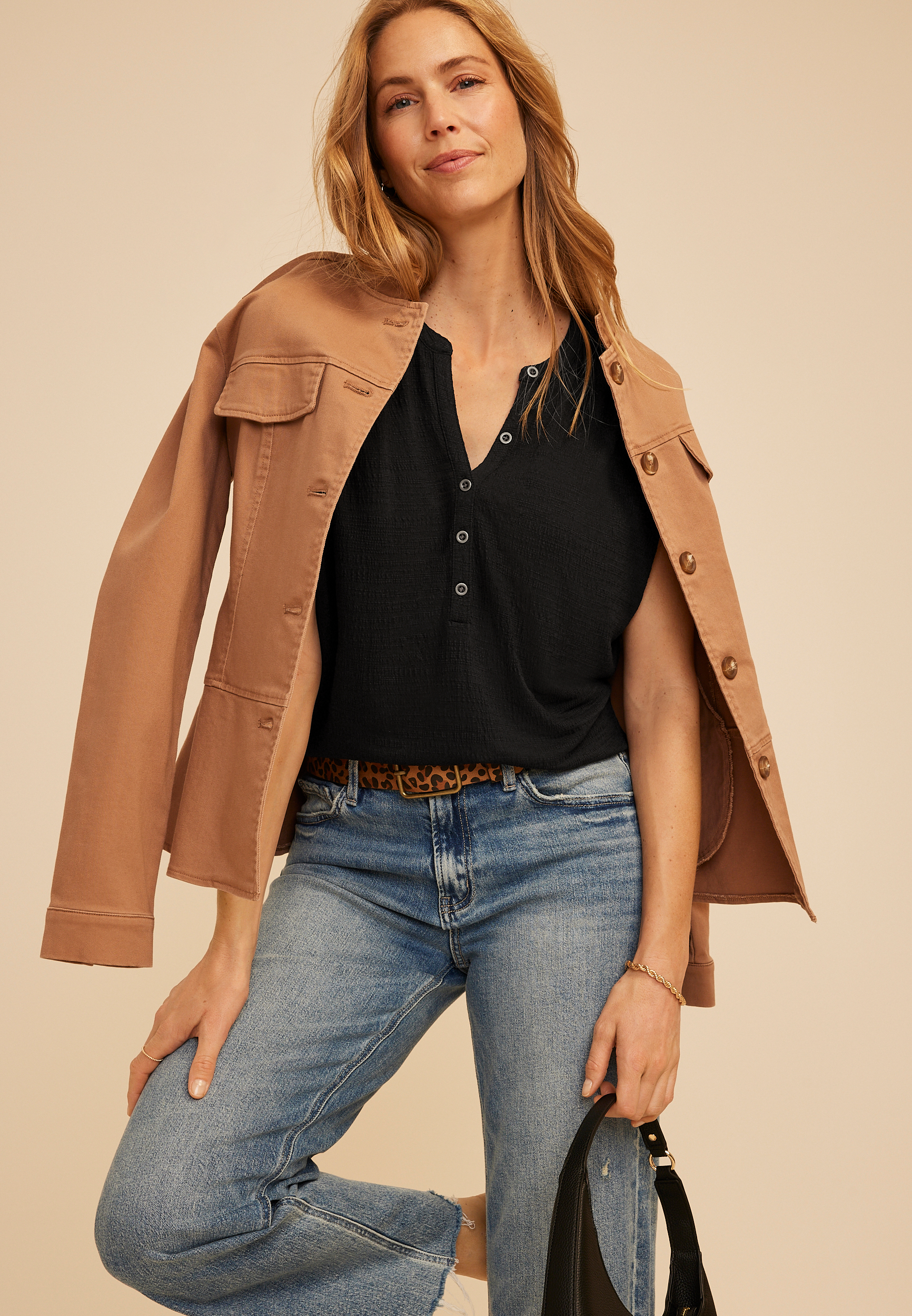 Textured Button Front Henley Top