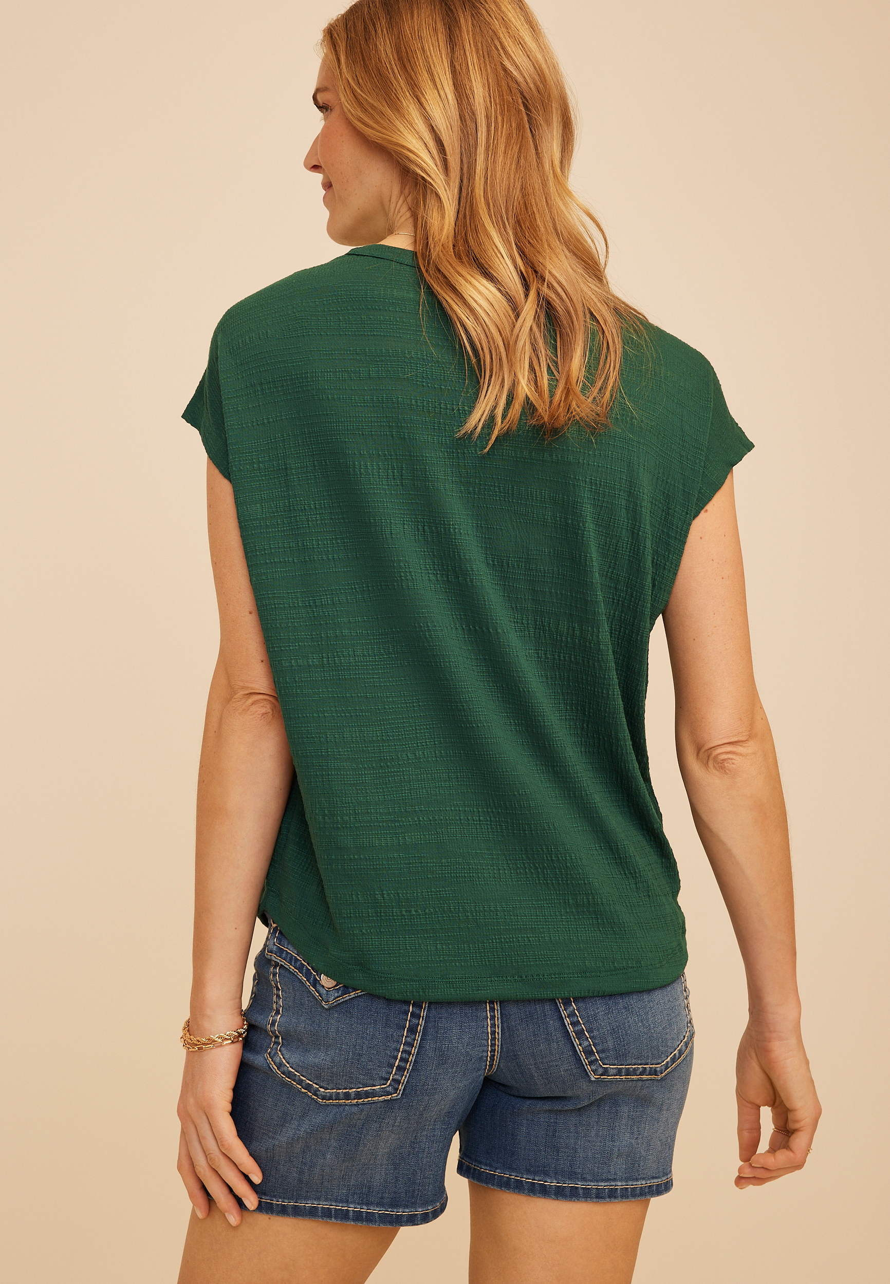 Textured Button Front Henley Top, SEA MOSS, large
