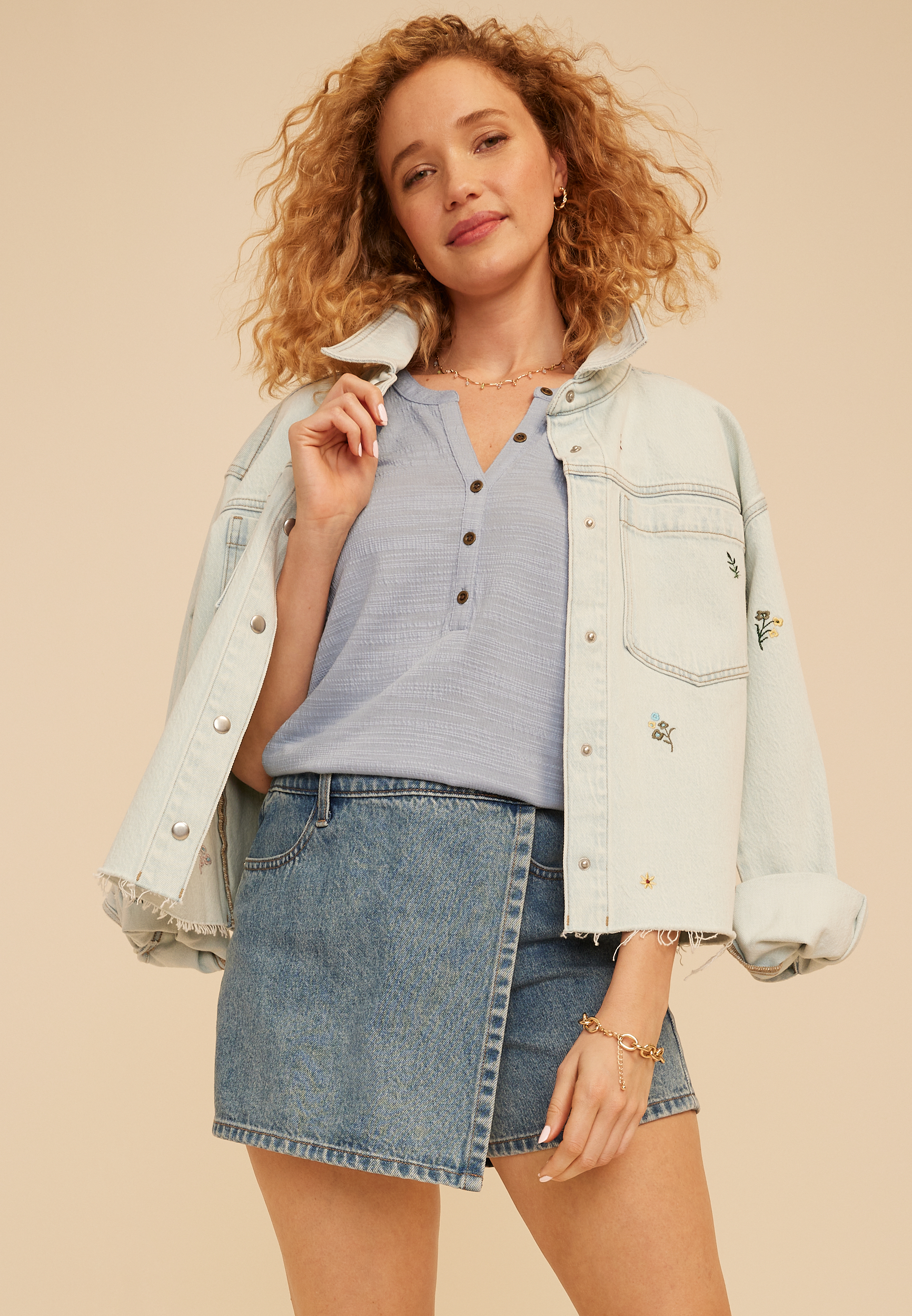 Textured Button Front Henley Top