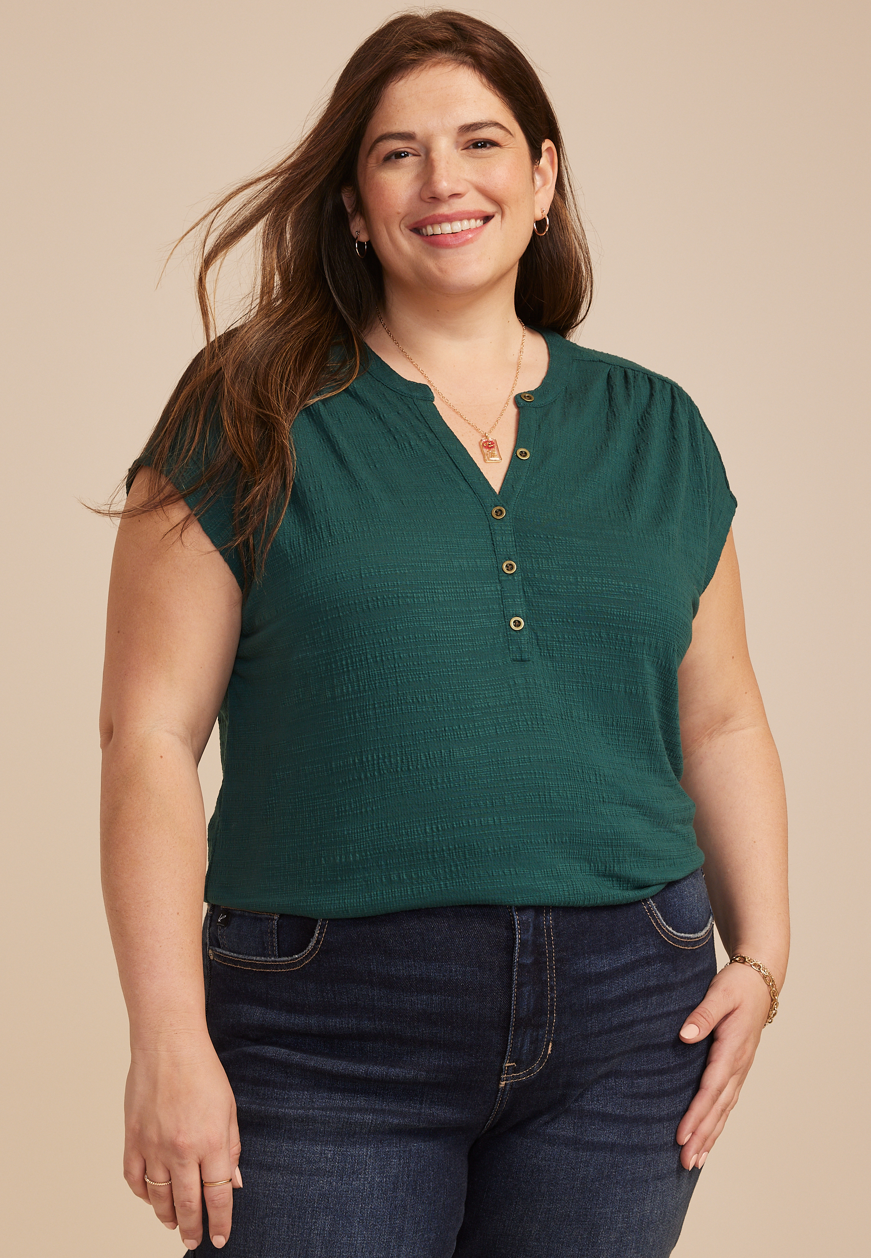 Plus Size Textured Button Front Henley Top