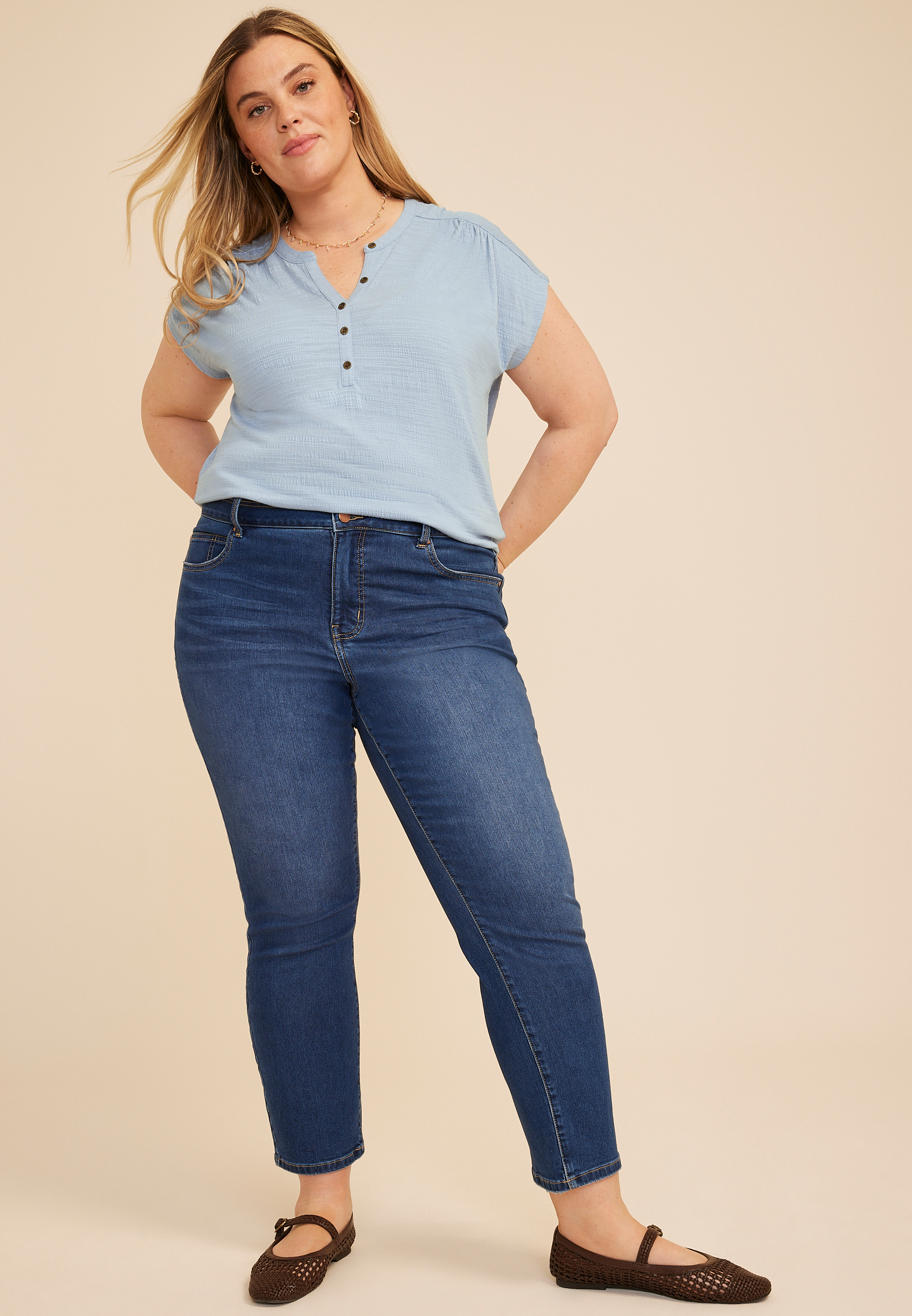 Plus Size Textured Button Front Henley Top