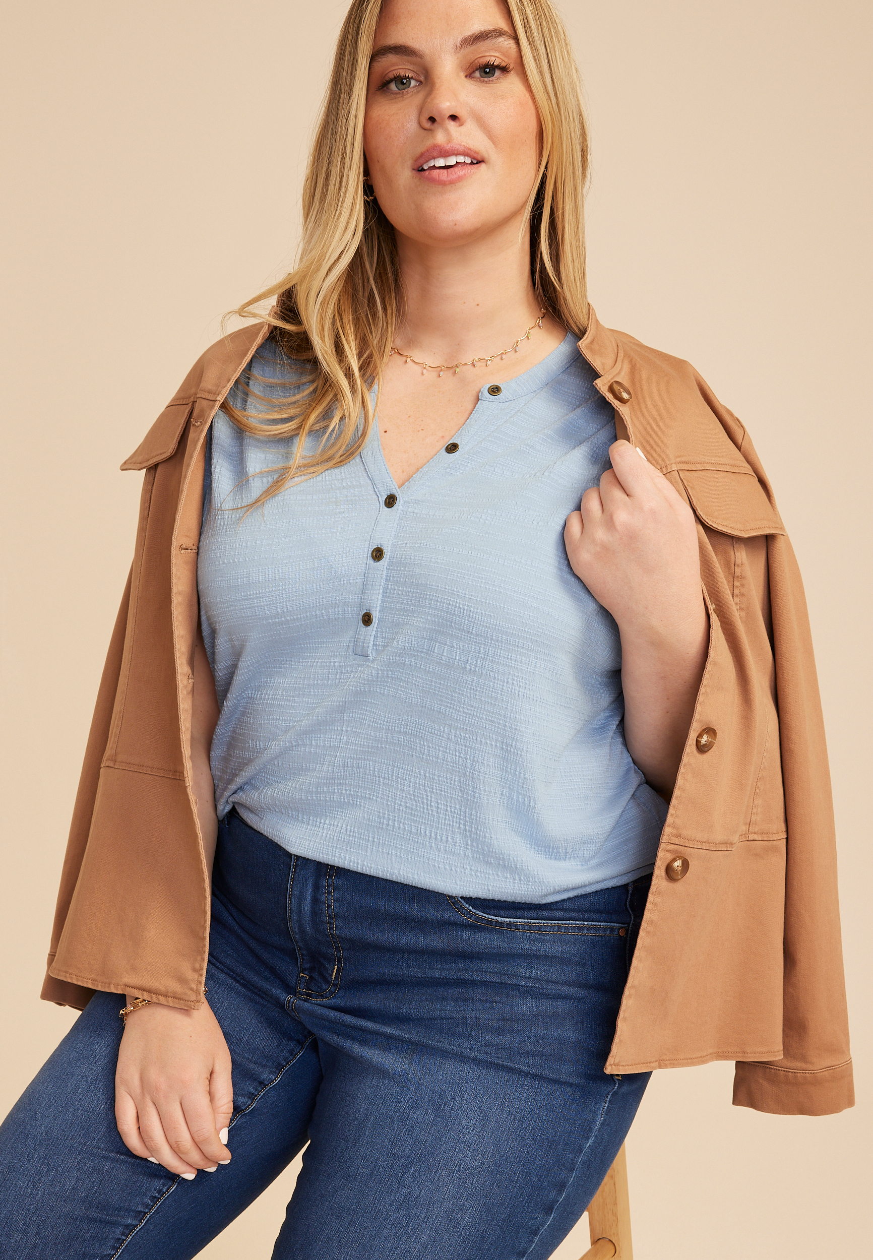 Plus Size Textured Button Front Henley Top, C8408, large