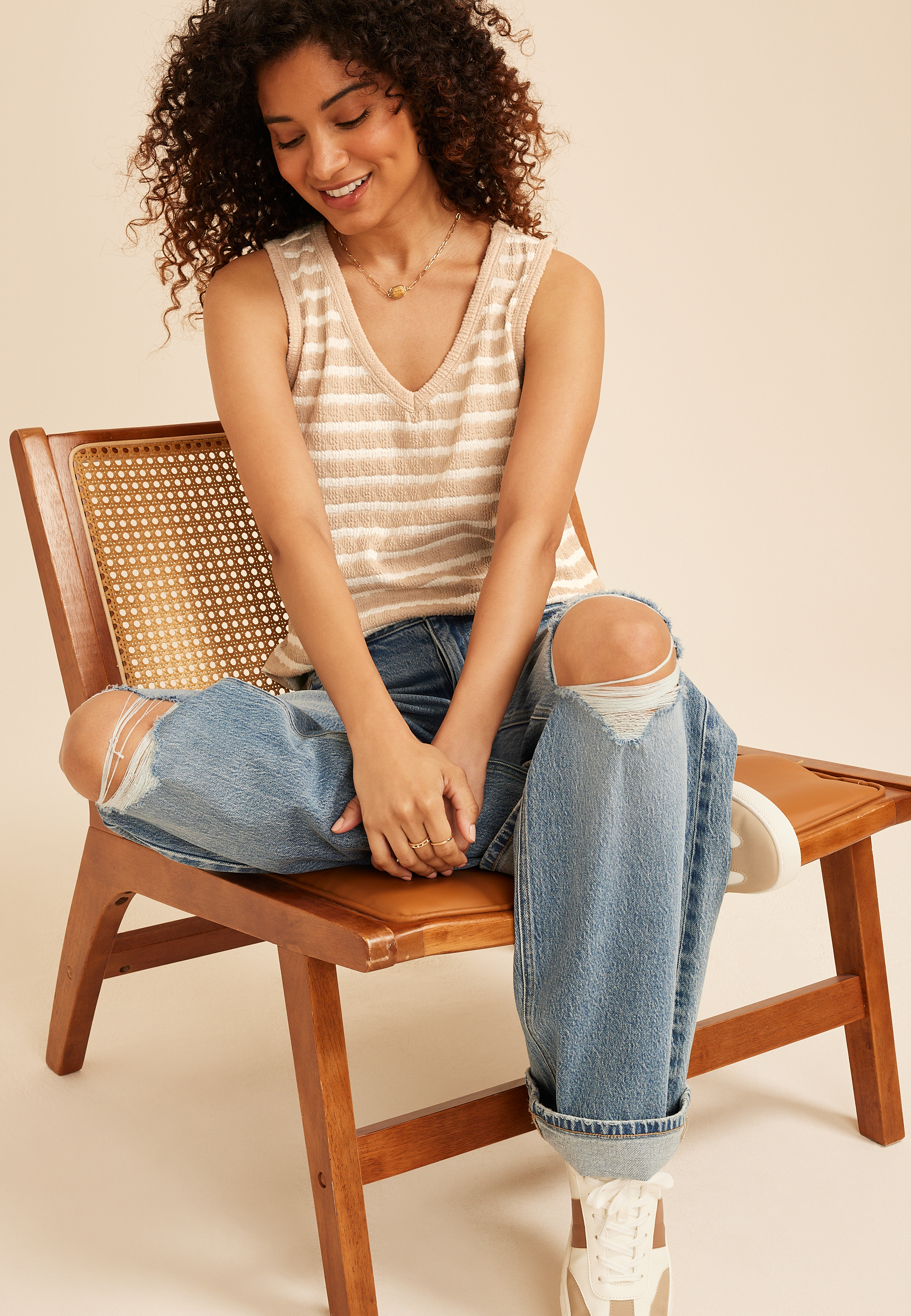 Neutral Striped Jacquard V Neck Tank Top