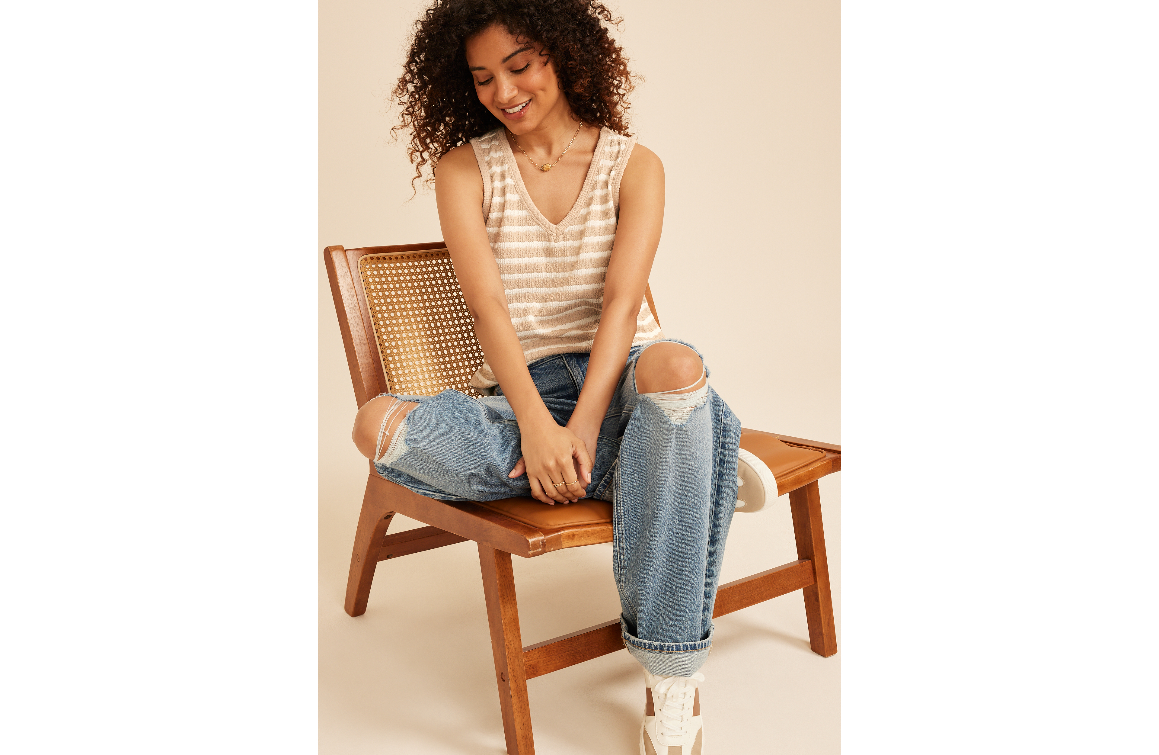 Neutral Striped Jacquard V Neck Tank Top
