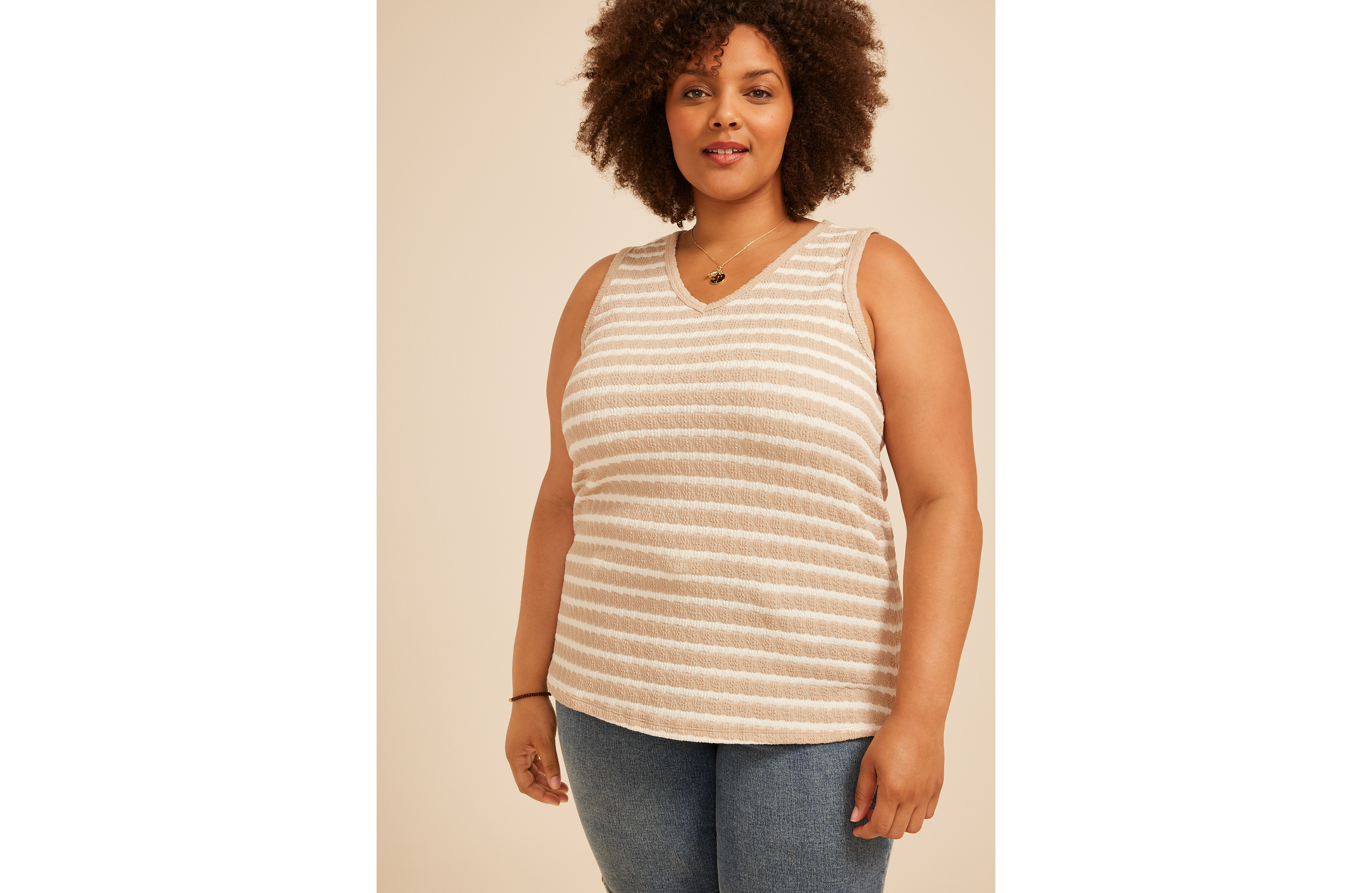 Plus Neutral Striped Jacquard V Neck Tank Top