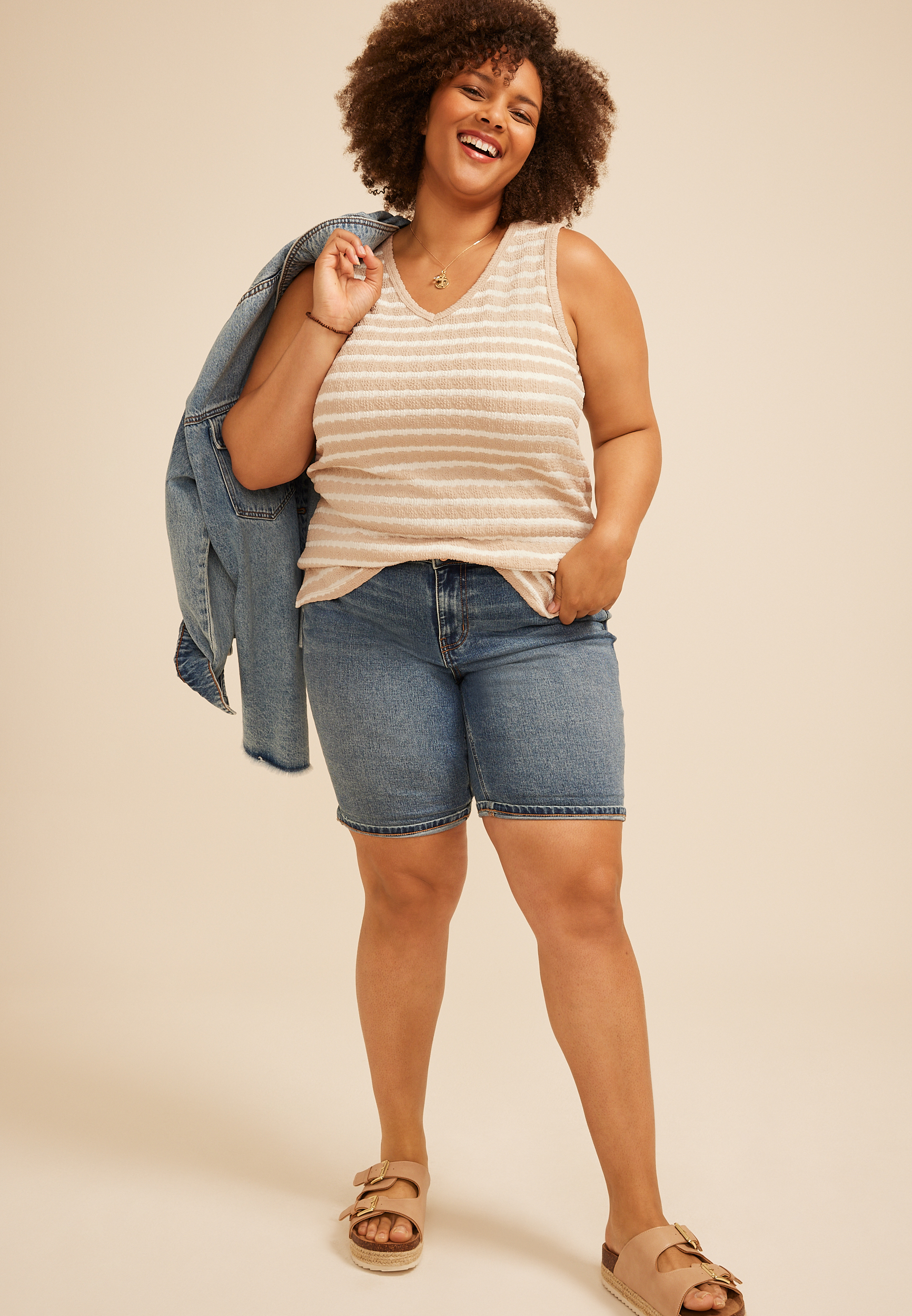 Plus Size Neutral Striped Jacquard V Neck Tank Top, C8582, large