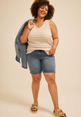 Plus Size Neutral Striped Jacquard V Neck Tank Top, C8582, small