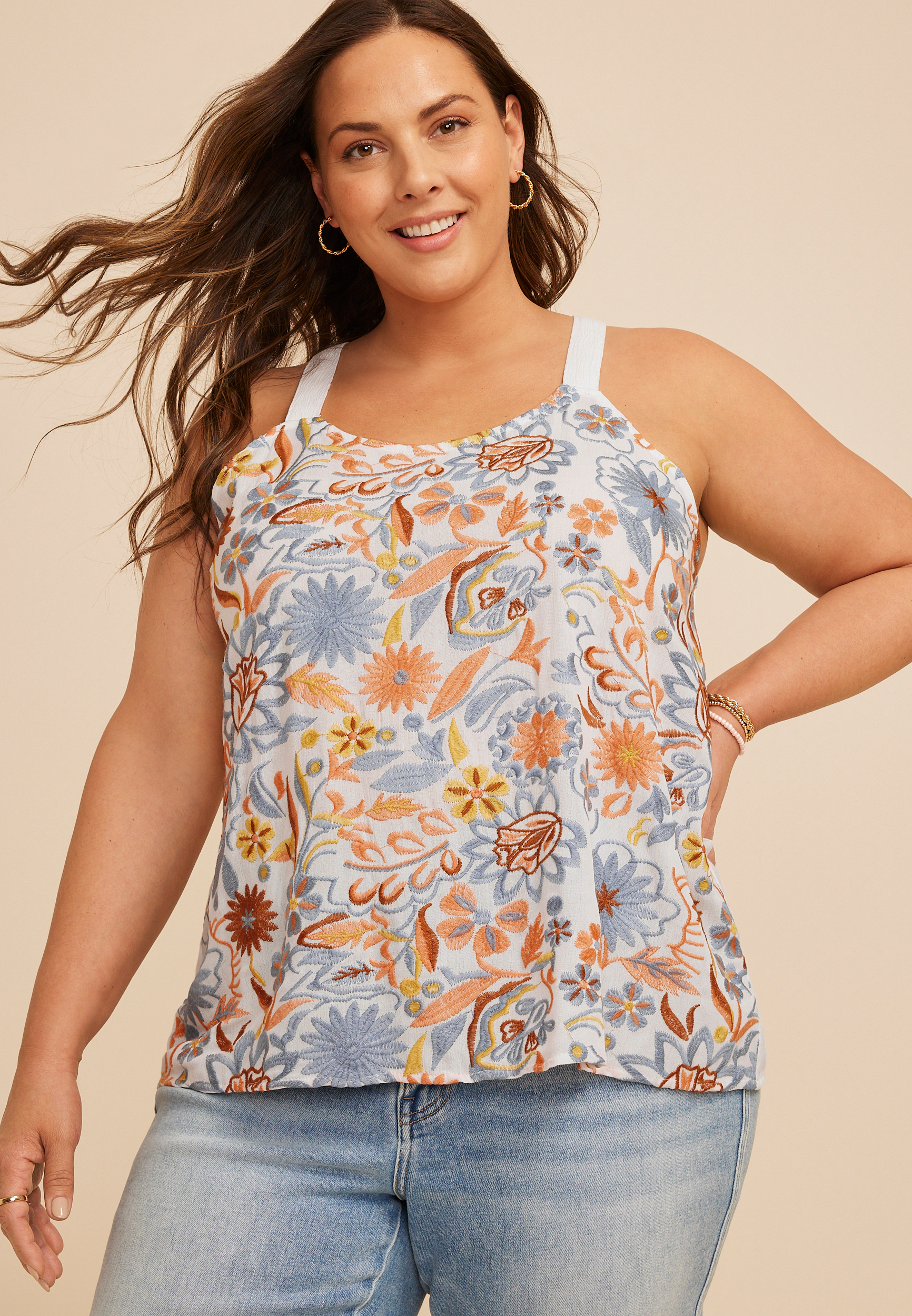 Plus Size Floral Embroidered Tank Top