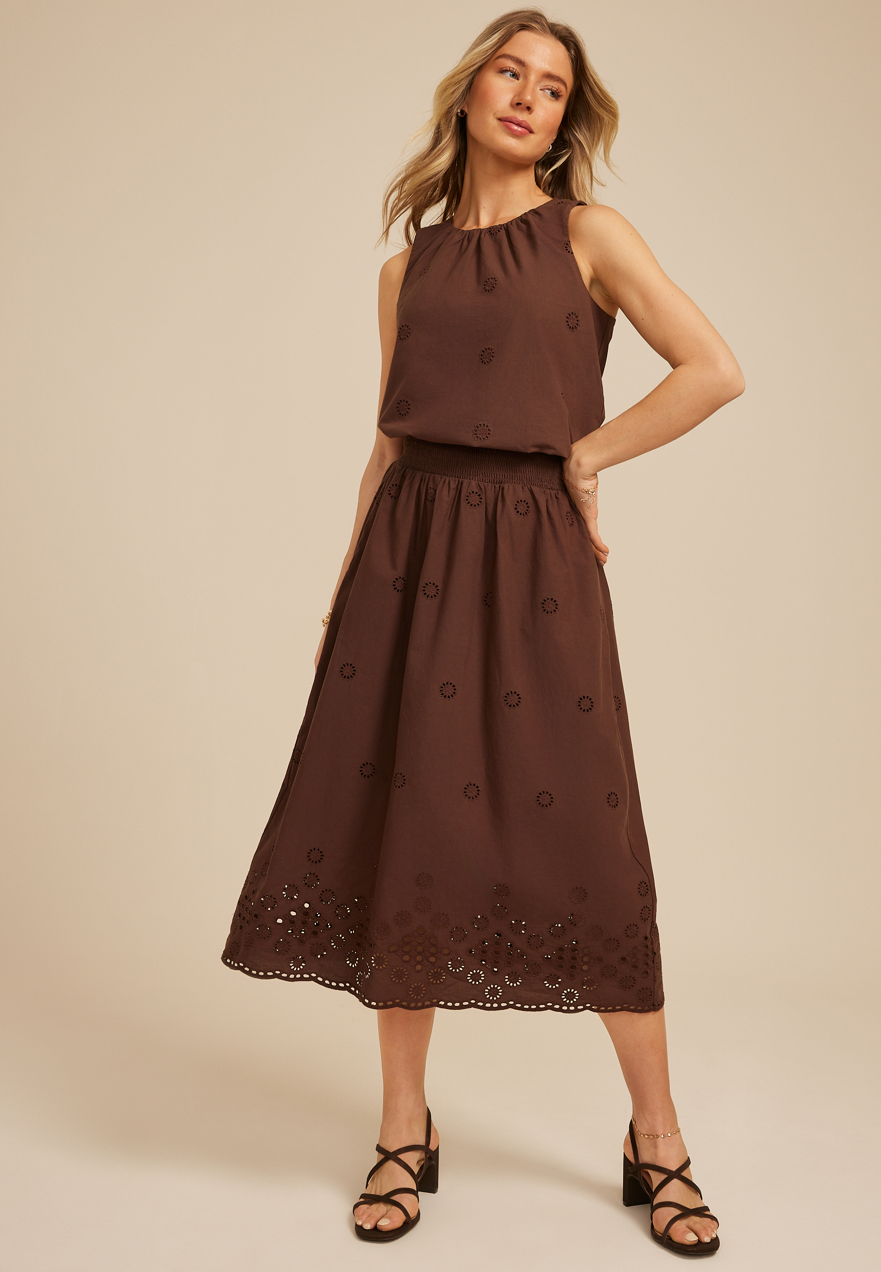 Brown Eyelet High Rise Maxi Skirt, C6058, large
