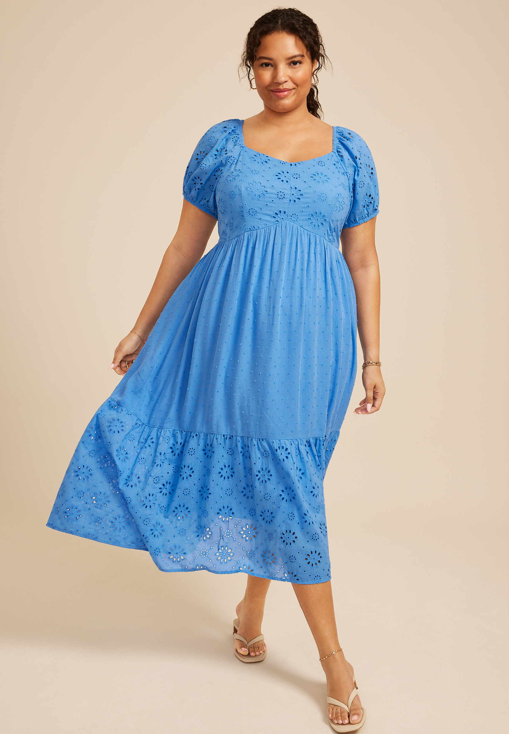 Bare Mixed Fabric Puff Sleeve Midi Dress