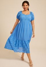 Plus Size Bare Mixed Fabric Puff Sleeve Midi Dress, C5760, small