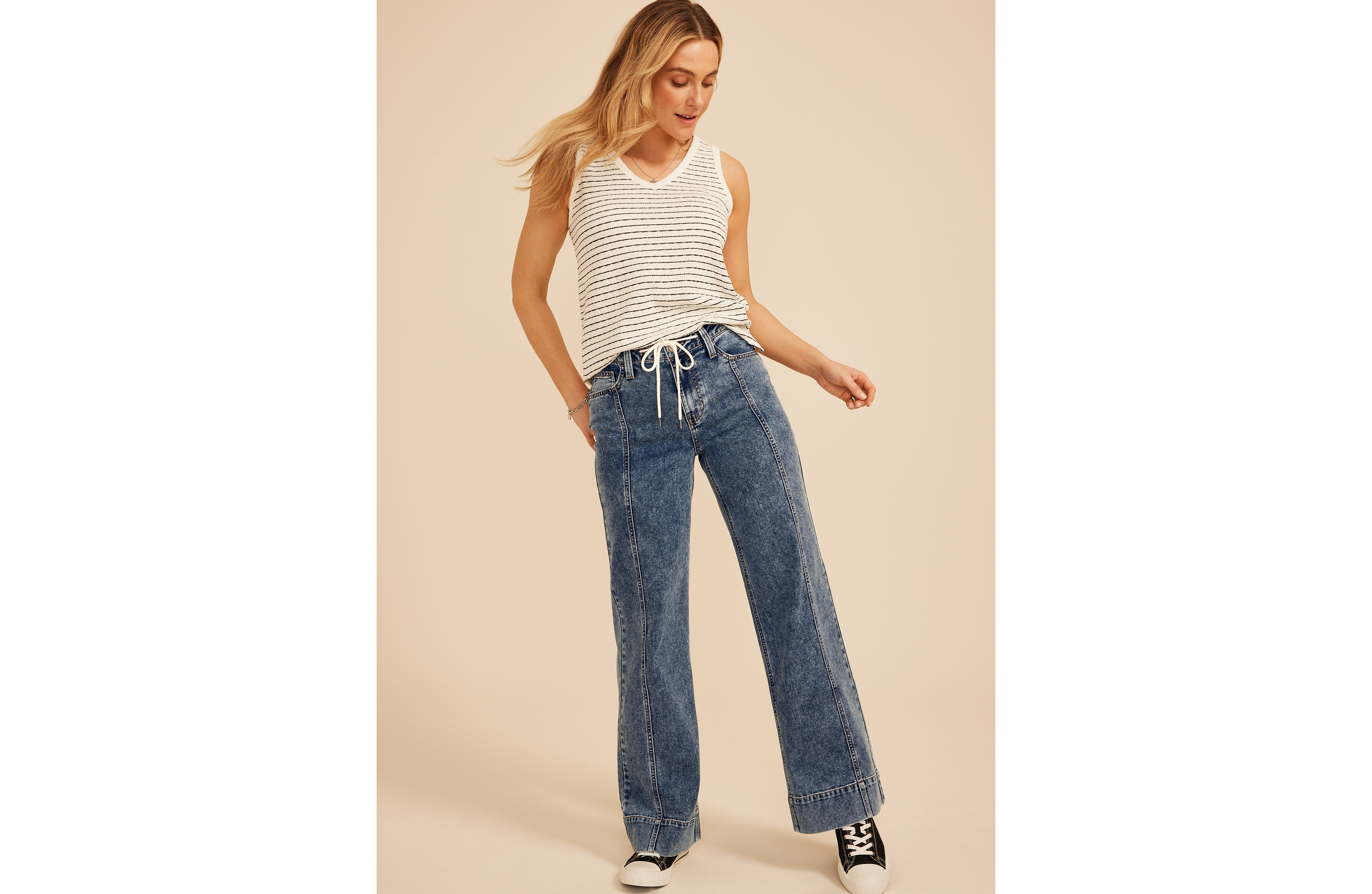 High Rise Tie Waist Seamed Front Wide Leg Jean