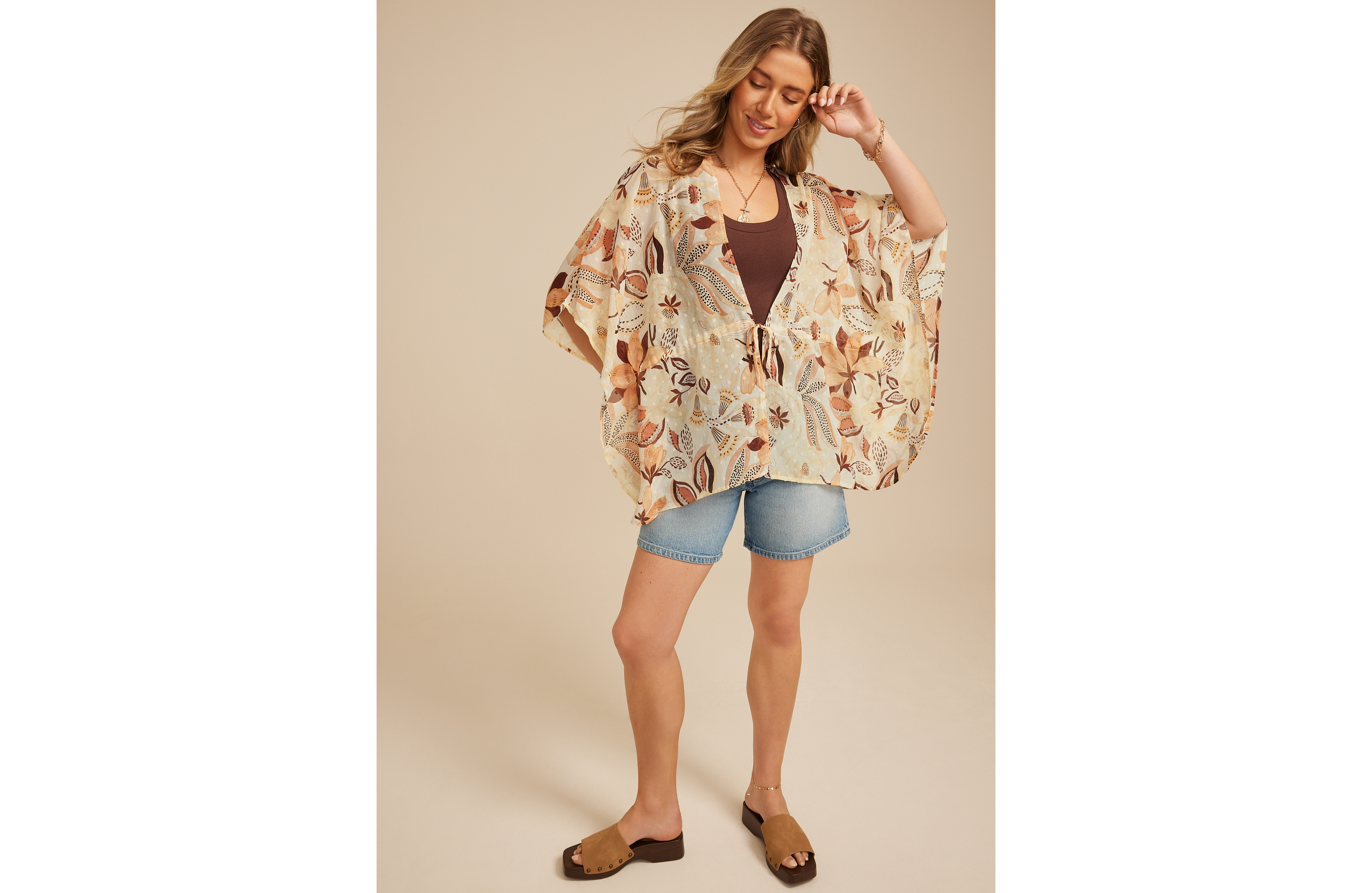 Metallic Floral Tie Front Kimono