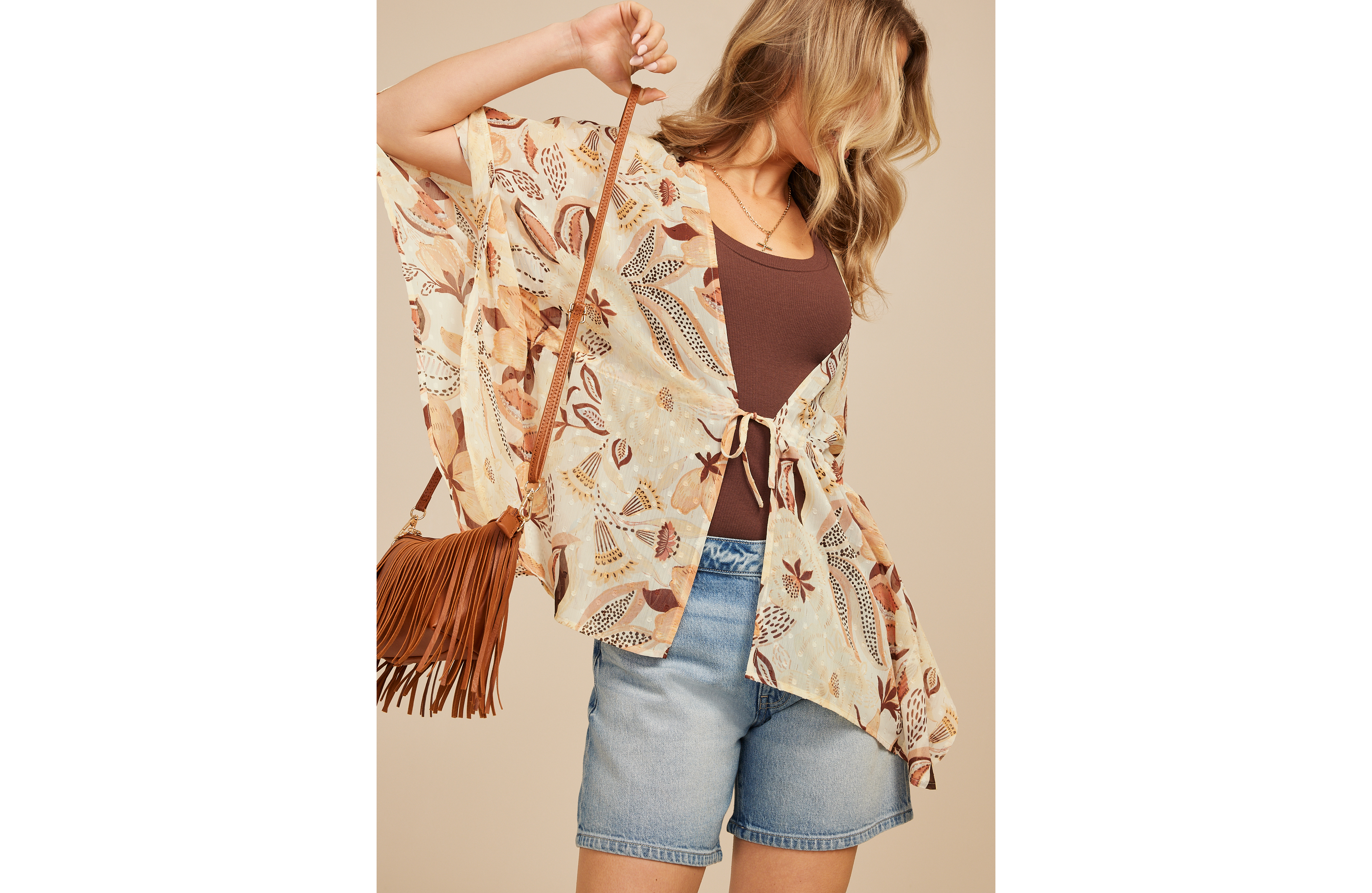 Metallic Floral Tie Front Kimono