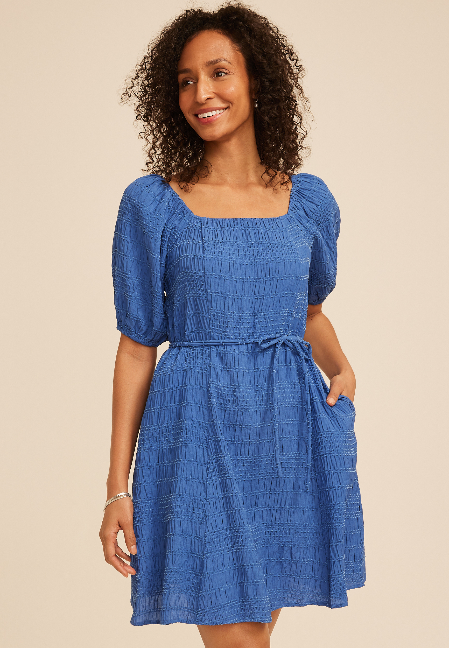 Textured Square Neck Elbow Sleeve Mini Dress