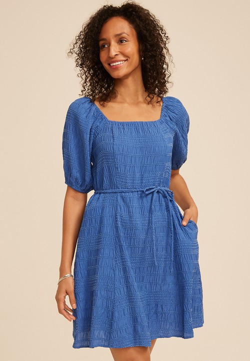 Textured Square Neck Elbow Sleeve Mini Dress | maurices