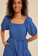 Textured Square Neck Elbow Sleeve Mini Dress, C5446, small