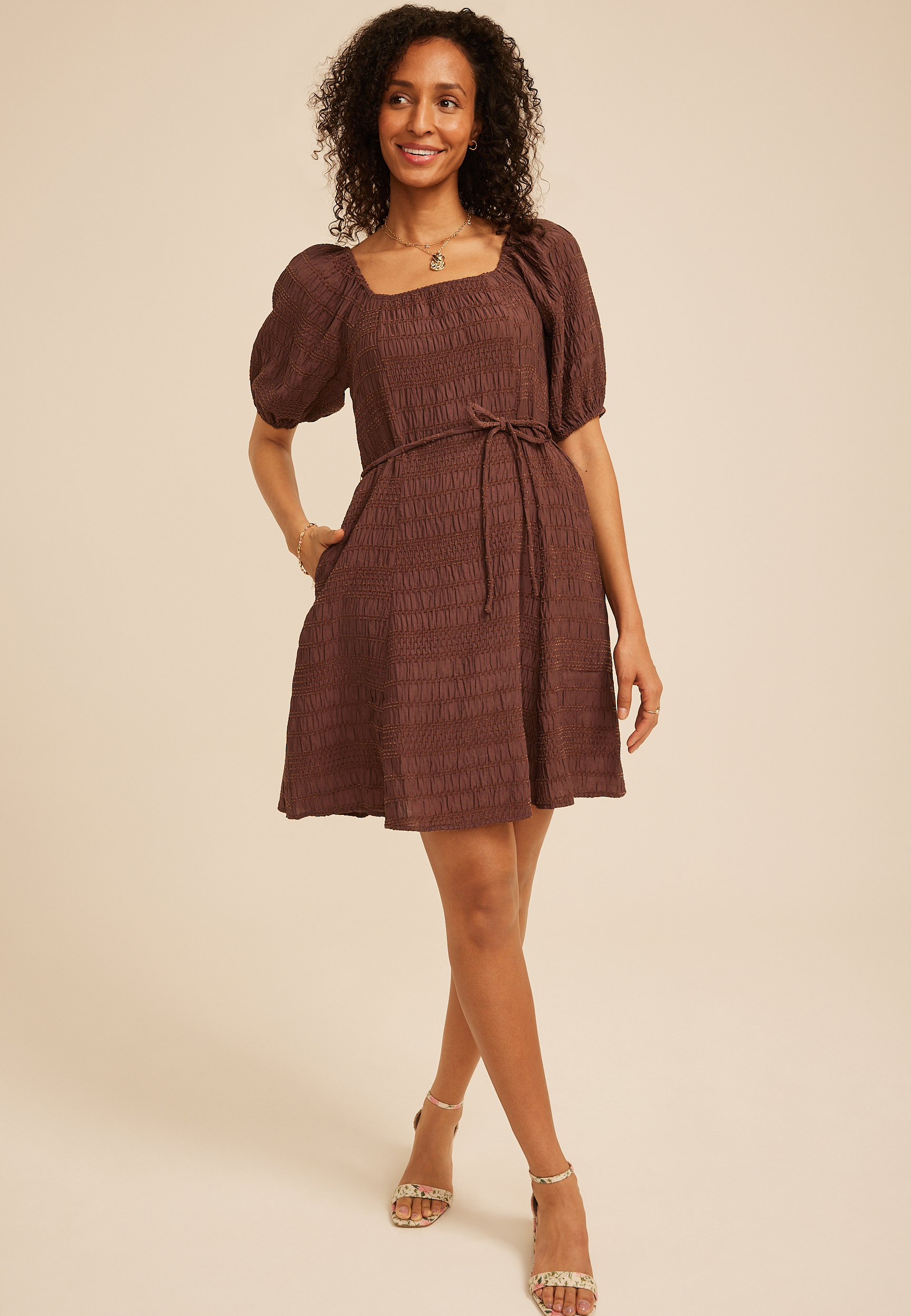 Textured Square Neck Elbow Sleeve Mini Dress