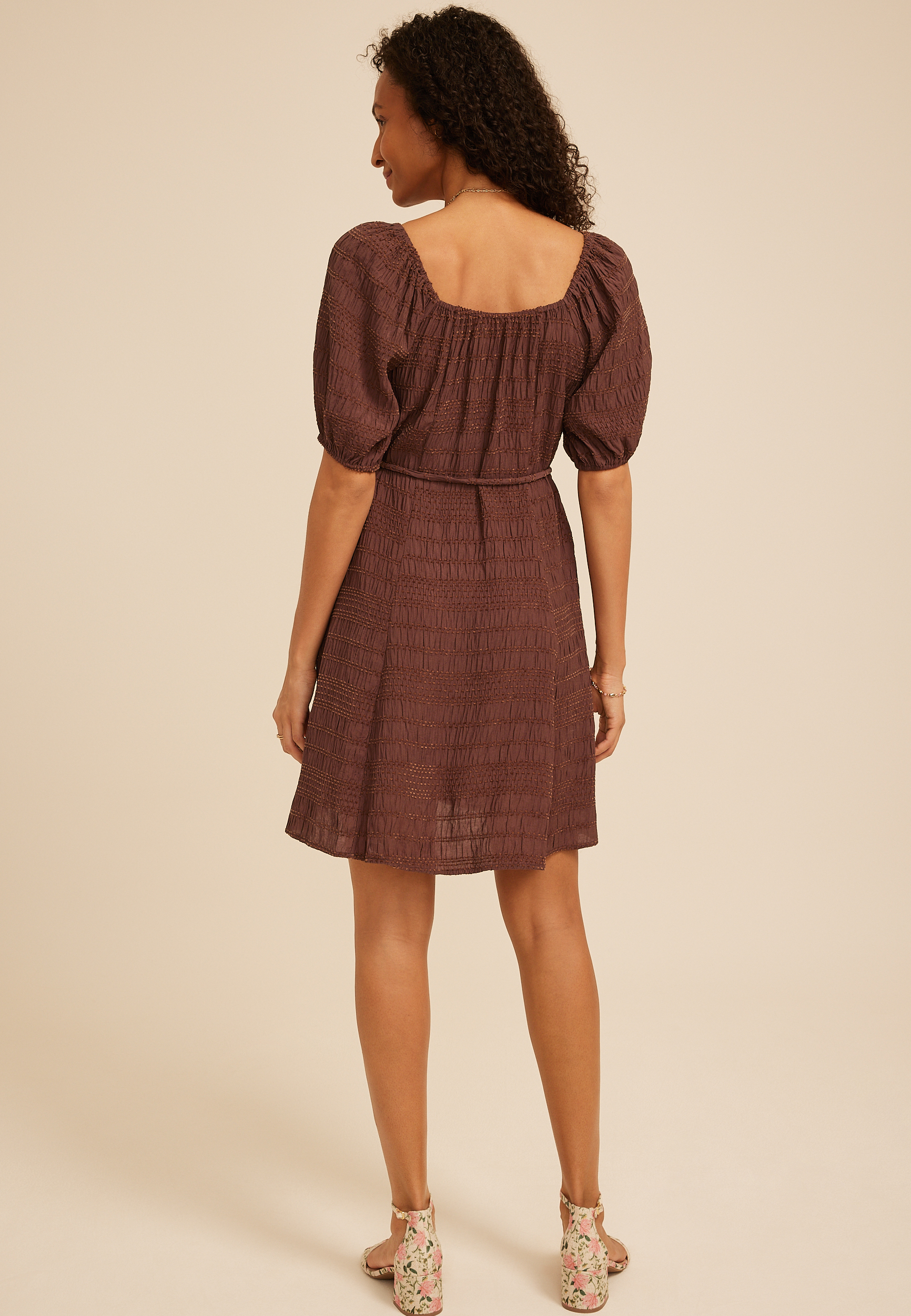 Textured Square Neck Elbow Sleeve Mini Dress - thumbnail 5