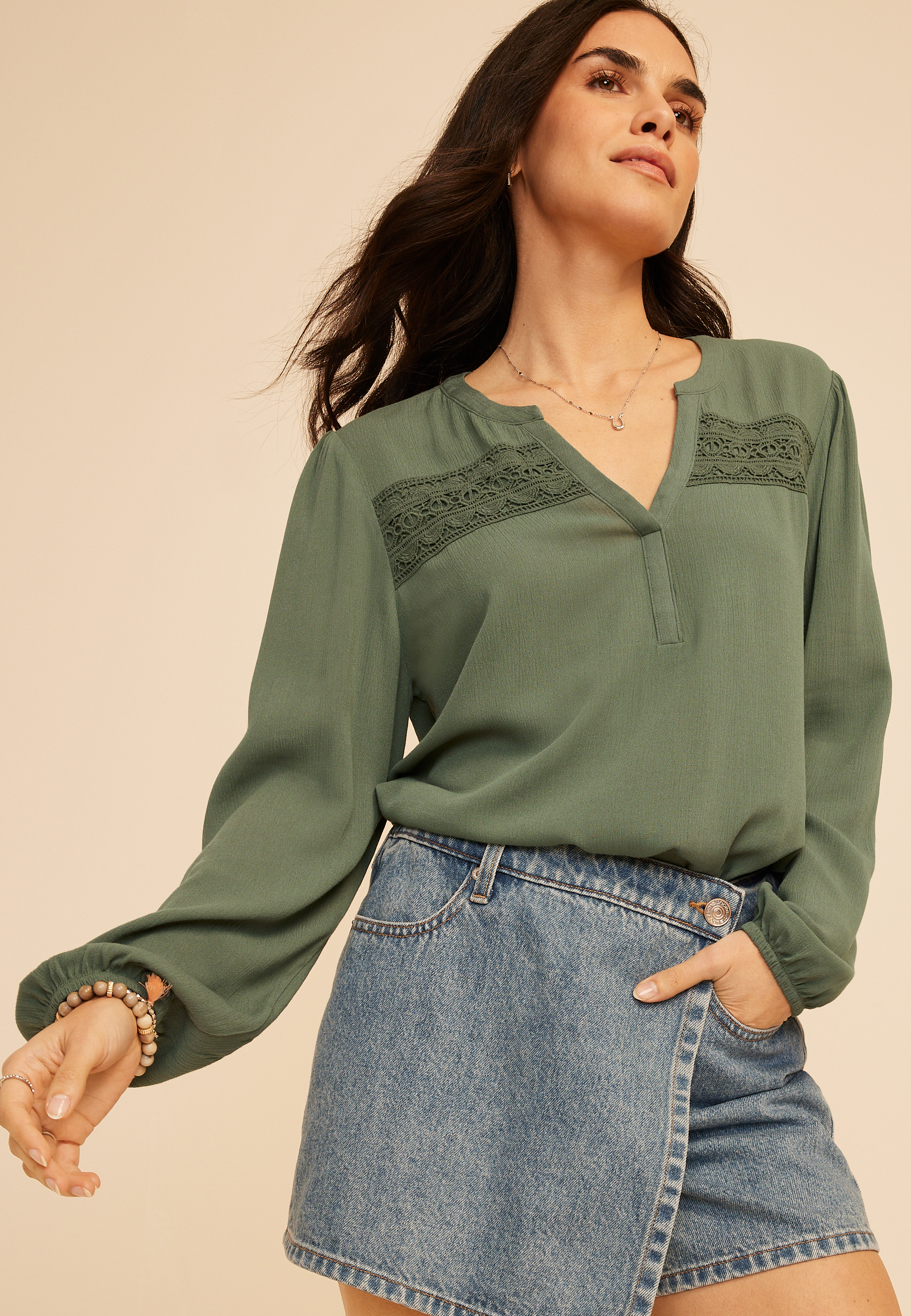 Crochet Trim Split Neck Long Sleeve Blouse