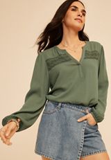 Crochet Trim Split Neck Long Sleeve Blouse, DUCK GREEN, small
