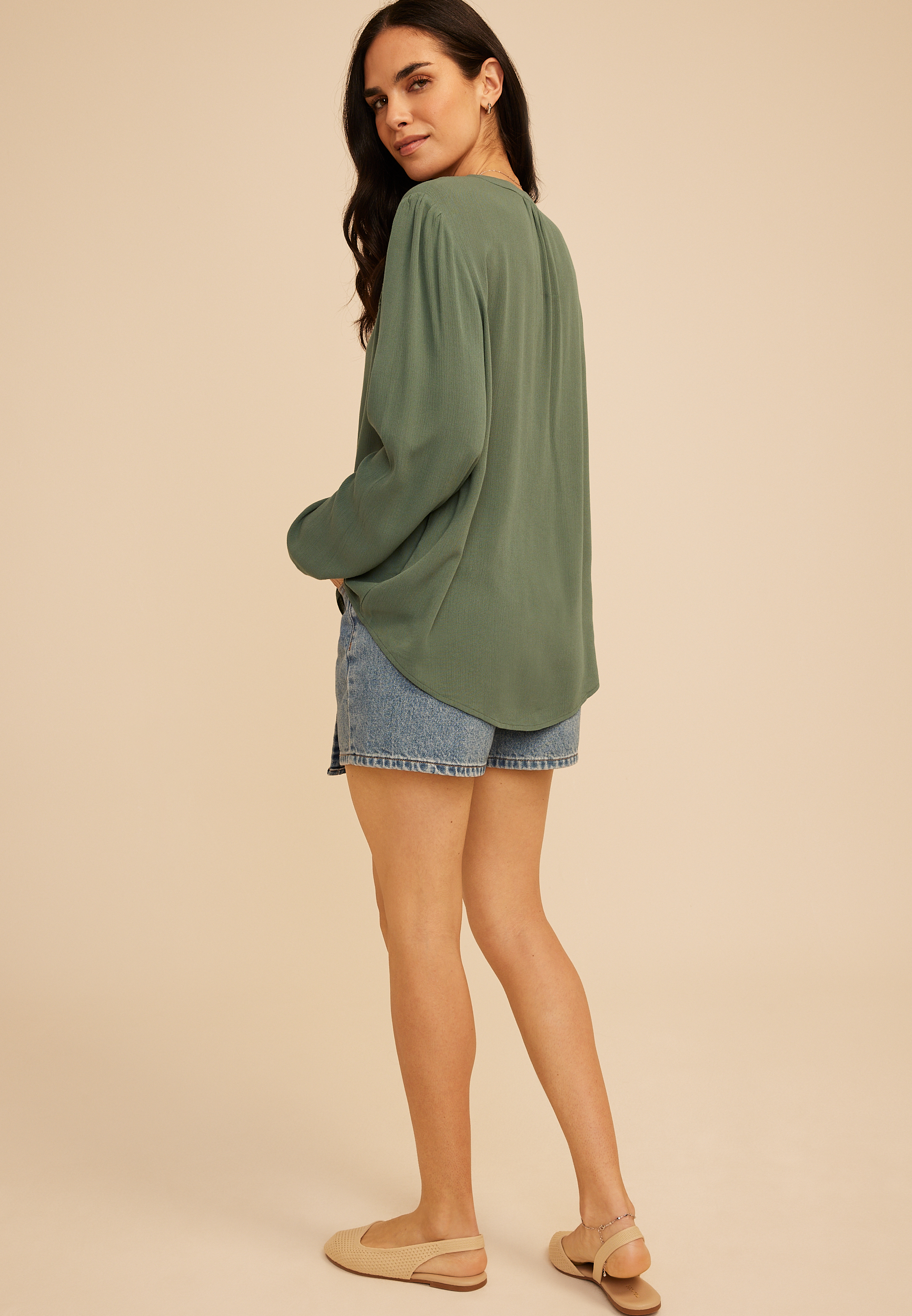 Crochet Trim Split Neck Long Sleeve Blouse, DUCK GREEN, large