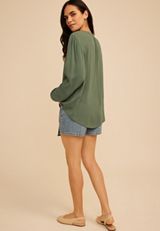 Crochet Trim Split Neck Long Sleeve Blouse, DUCK GREEN, small