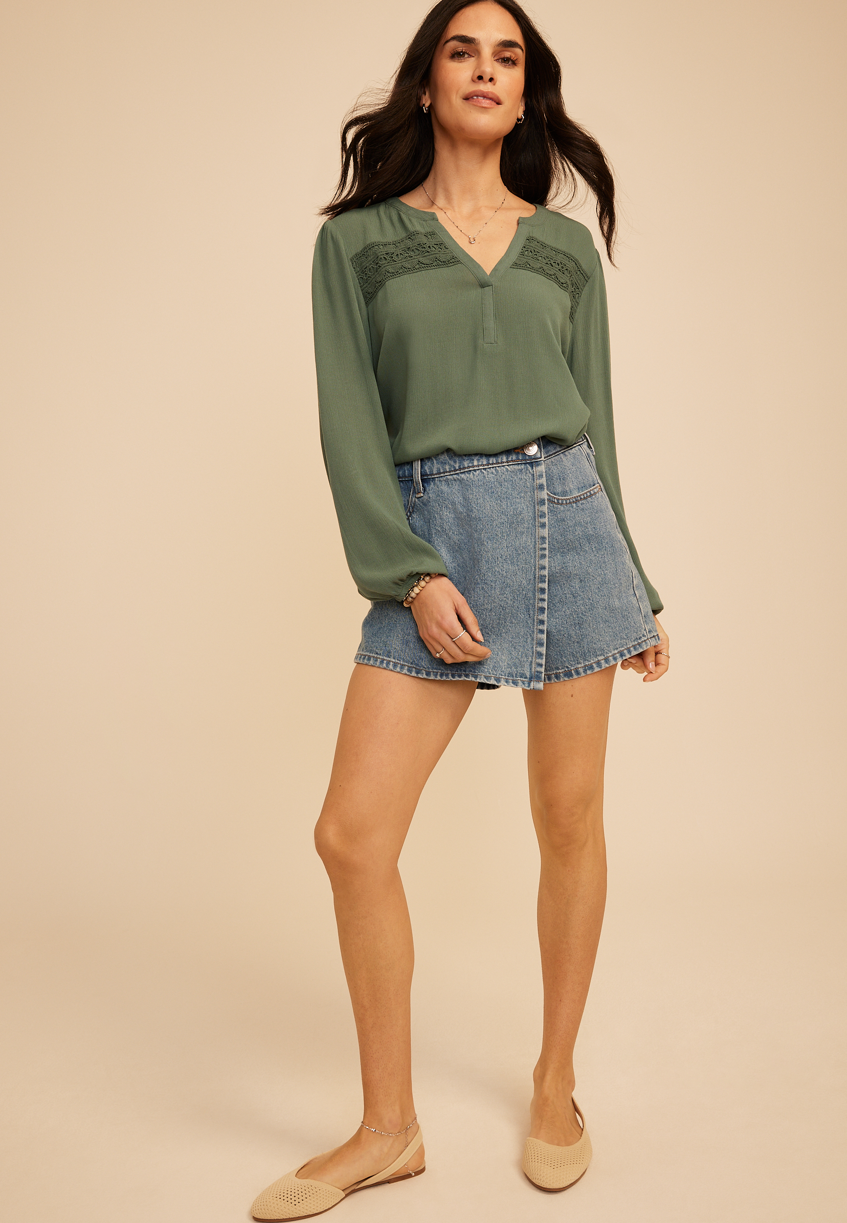 Crochet Trim Split Neck Long Sleeve Blouse, DUCK GREEN, large