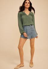 Crochet Trim Split Neck Long Sleeve Blouse, DUCK GREEN, small