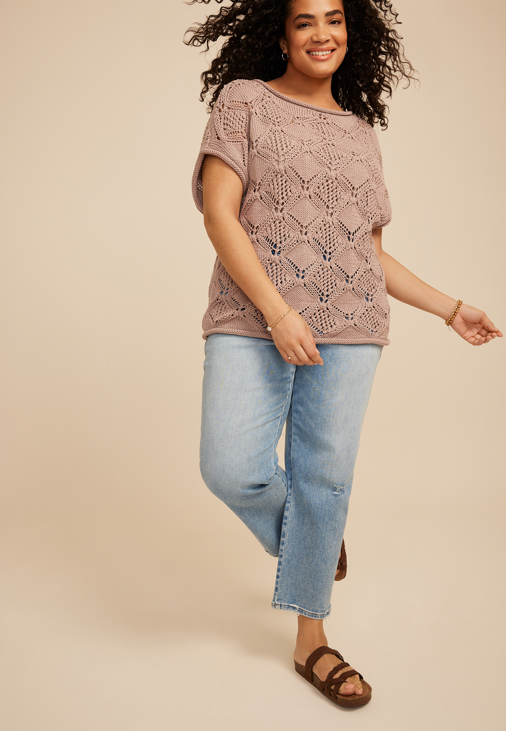 Plus Size Chunky Open Stitch Dolman Sleeve Sweater