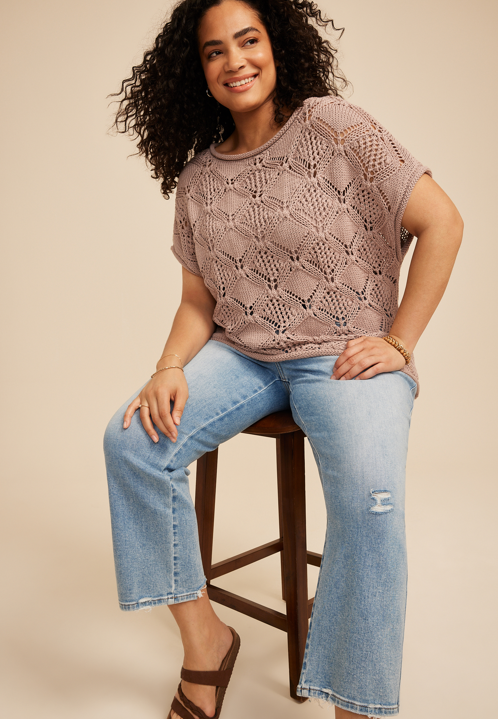 Plus Size Chunky Open Stitch Dolman Sleeve Sweater, C5341, large