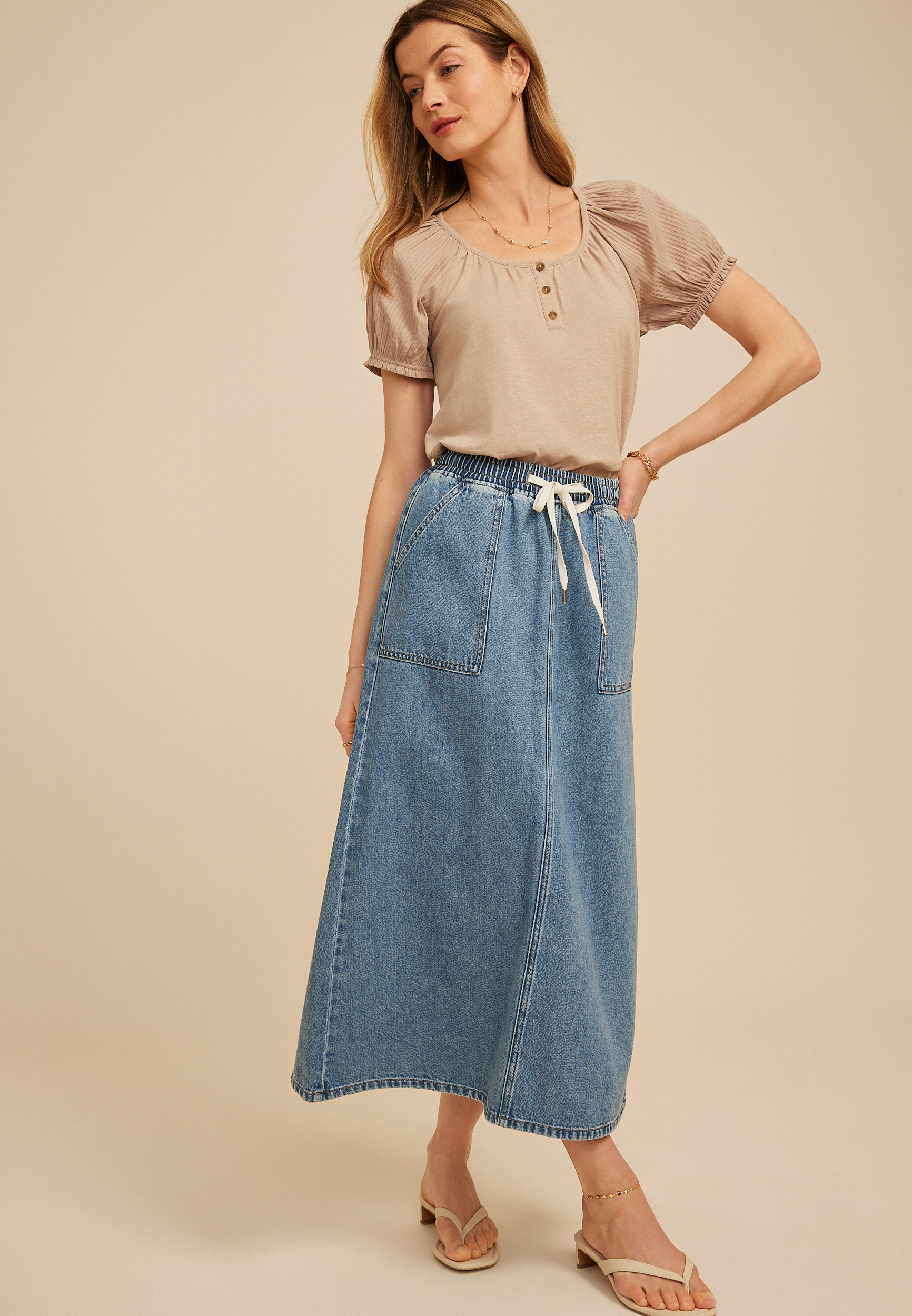 m jeans by maurices&trade; High Rise Tie Waist Maxi Denim Skirt, C3337, large