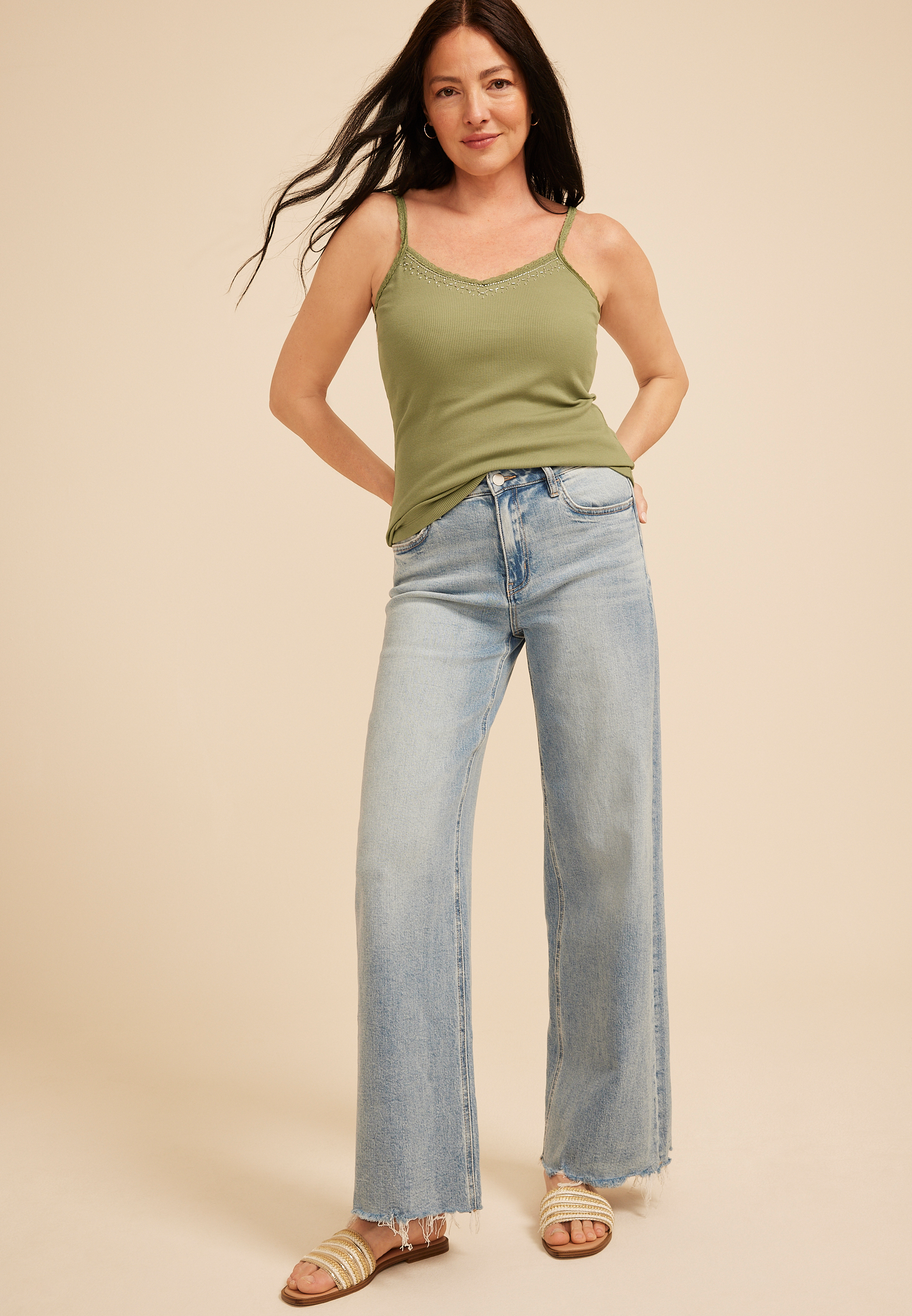 Embellished Ribbed V Neck Cami