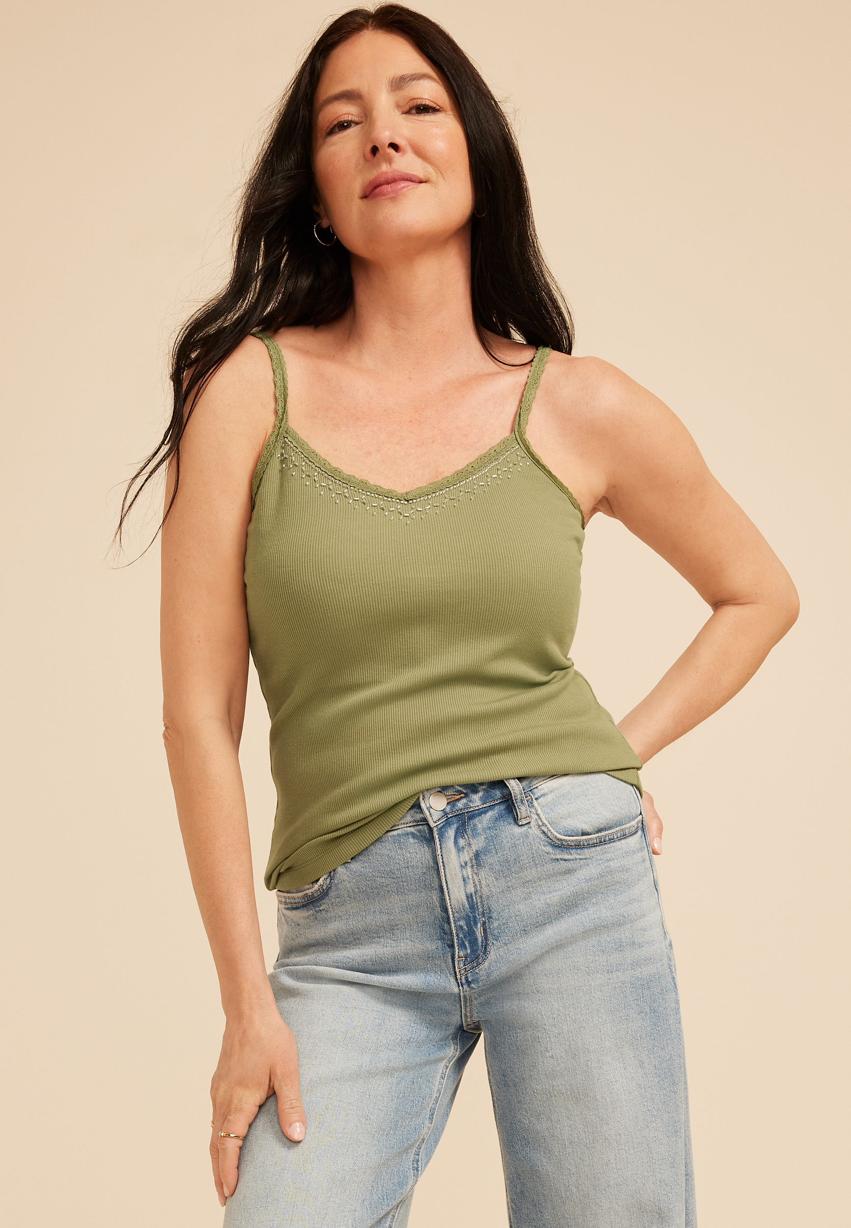 Embellished Ribbed V Neck Cami, C9012, large