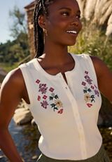 Floral Embroidered Button Front Tank Top, C9298, small