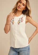 Floral Embroidered Button Front Tank Top, C9298, small