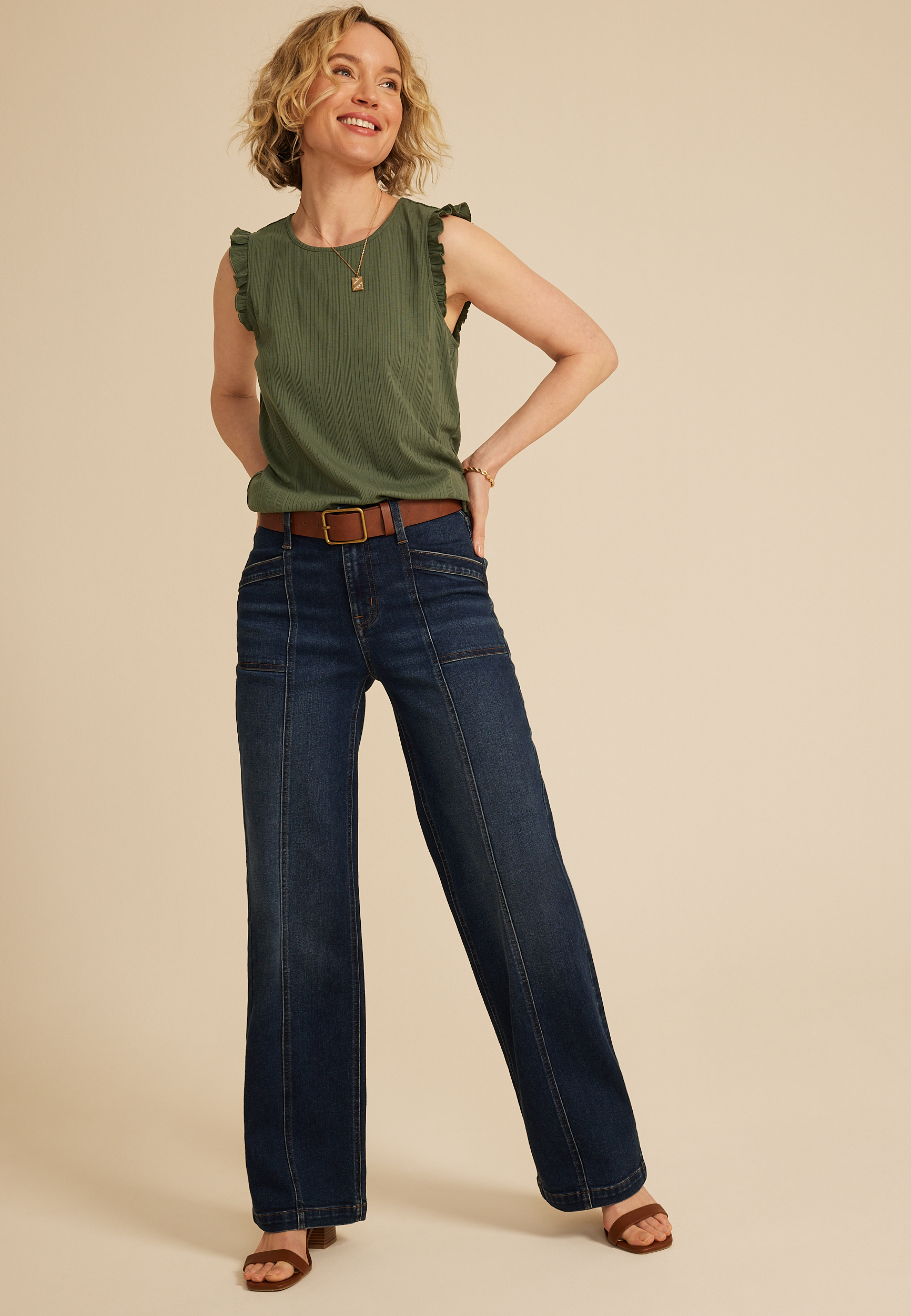 24/7 Variegated Ribbed Ruffle Tank Top